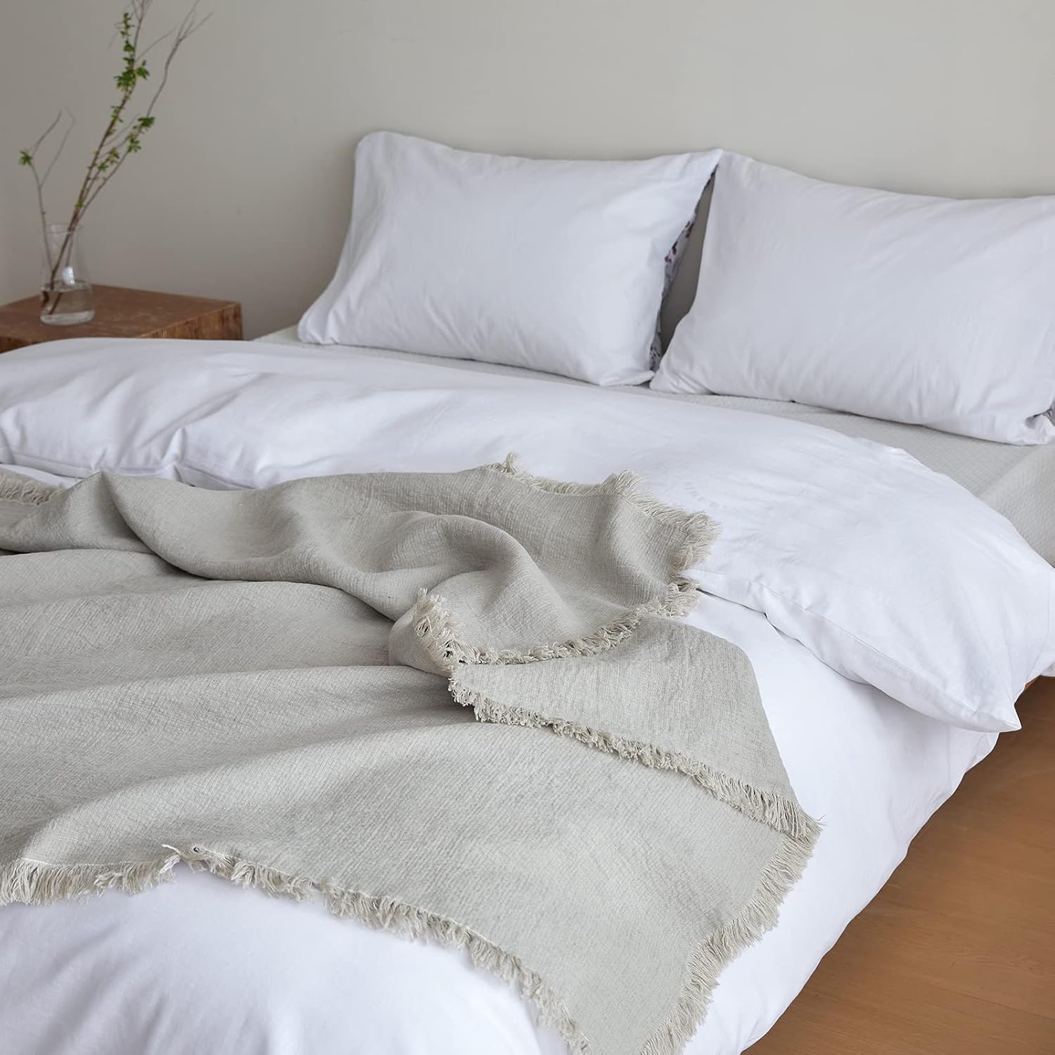 100% Linen Throw Blanket with Fringe for Couch/Bed/Sofa/Gift, Natural Washed Flax Solid Color Soft Breathable Cozy Farmhouse Boho Home Décor - Linen, 55"x75"