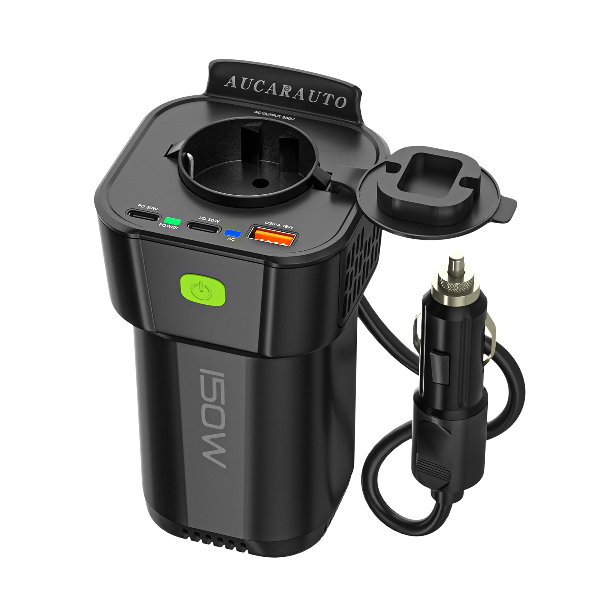 150W Spannungswandler, DC 12V zu 230V AC 5-in-1 Wechselrichter Getränkehalter Konverter mit 10A Zigarettenanzünder Steckdose, 2 USB-C 30W & 1 USB-A 18W Ladeanschlüsse - Schwarz