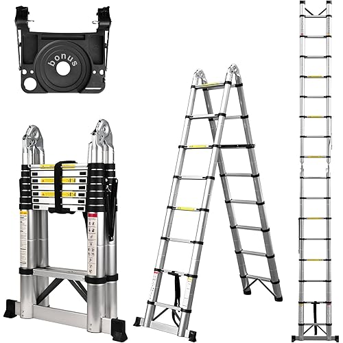 Telescoping Ladder 16.5 Ft, A Frame Compact Aluminum Extension Ladder with Tool Platform and Stabilizer Bar, Portable Telescopic Ladder for Outdoor Camper Trips Motorhome, 330lbs Capacity