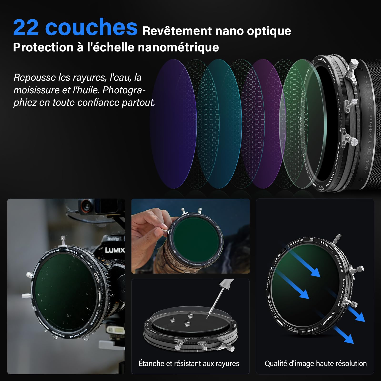 H&Y RevoRing MKⅡ 62mm 72mm 77mm 82mm Filtre ND Variable et polariseur Circulaire Objectif Photo 3-en-1 VND (ND3-1000) avec Bague d'adaptation réglable 22 Couches nanocoaté
