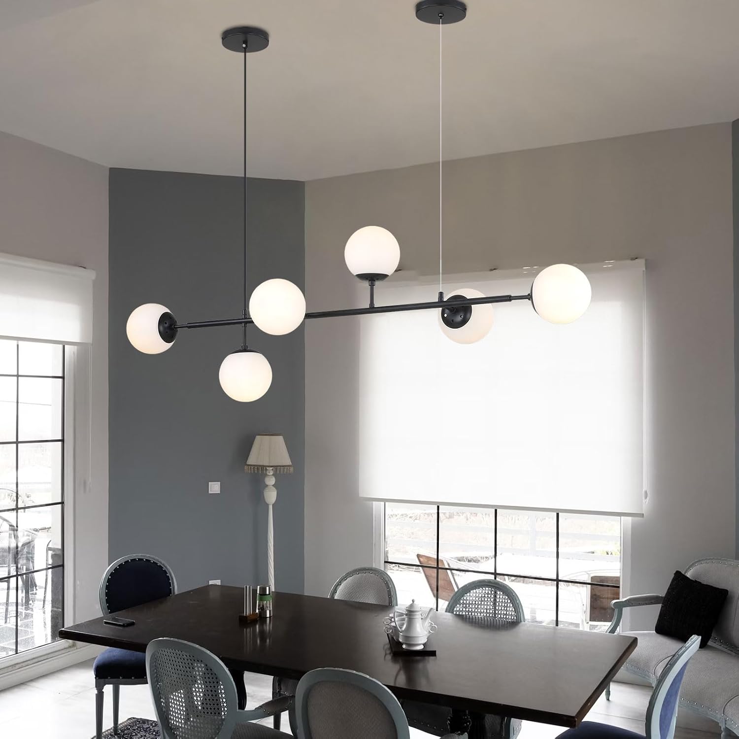 Mid-Century Modern Chandelier 6-Light Black Linear Pendant Light with Globe Glass Shades, Adjustable Height for Dining Room, Kitchen Island, Living Room