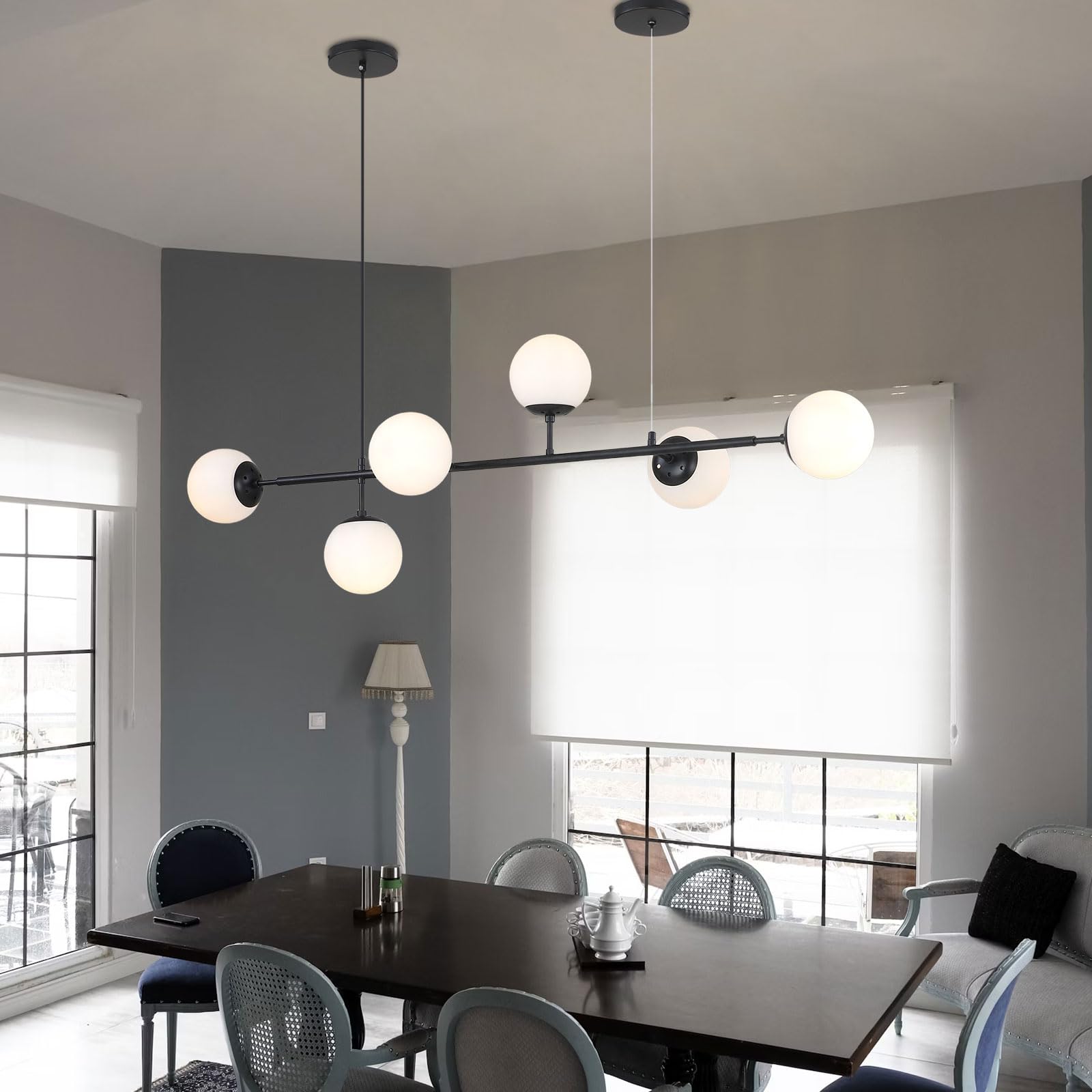 6-lumières E27 lustre moderne Europe du nord boule de verre lampe suspendue pour salon salle à manger Art décoration Restaurant noir pendentif lumière