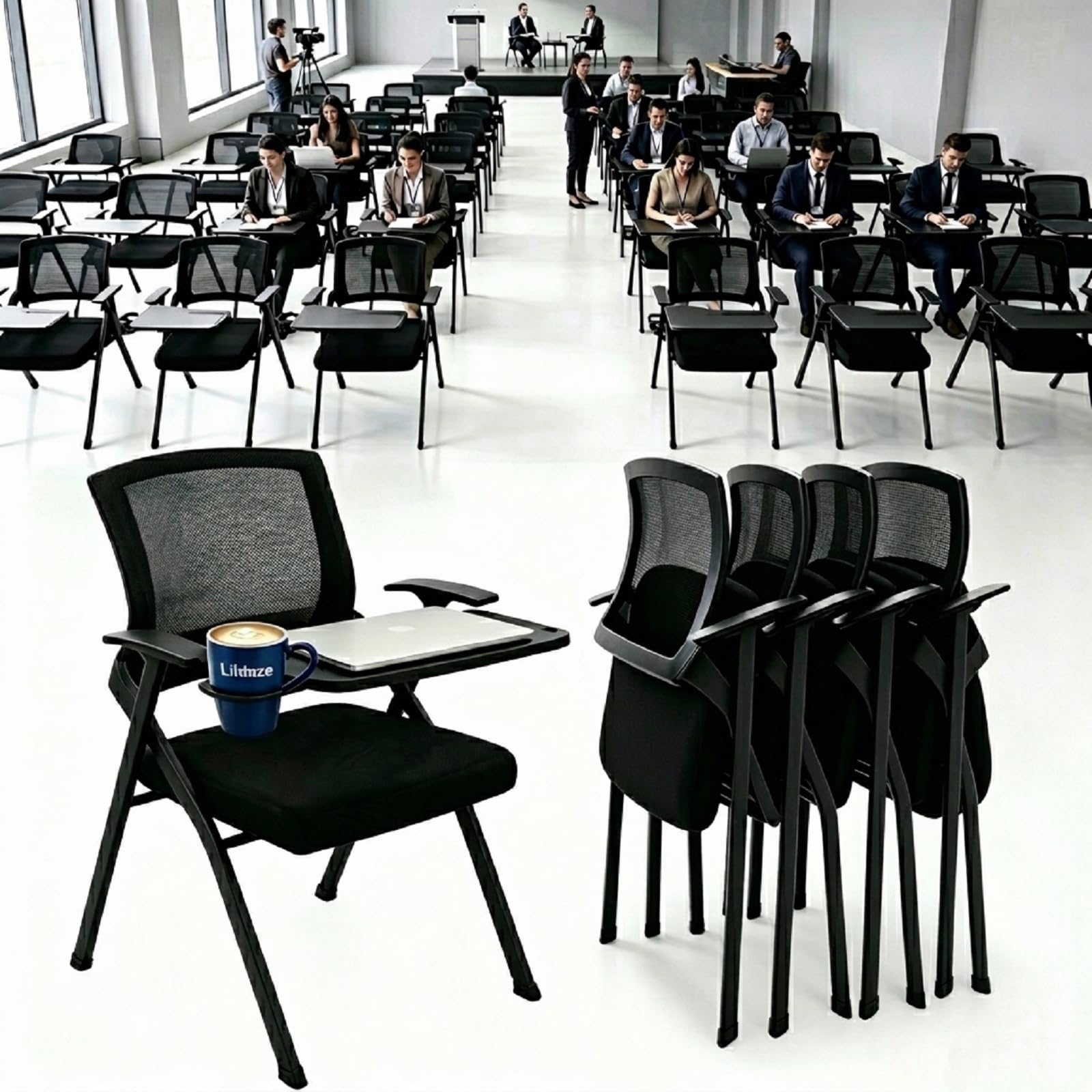 100pack Folding Training Chairs with Desk Attached,Nesting Conference Chair