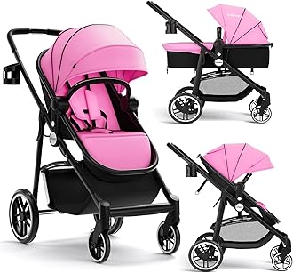 INFANS 2 in 1 Baby Stroller, High Landscape Infant Stroller & Reversible Bassinet Pram, Foldable Pushchair with Adjustable Canopy, Storage Basket, Cup Holder, Suspension Wheels (Pink)