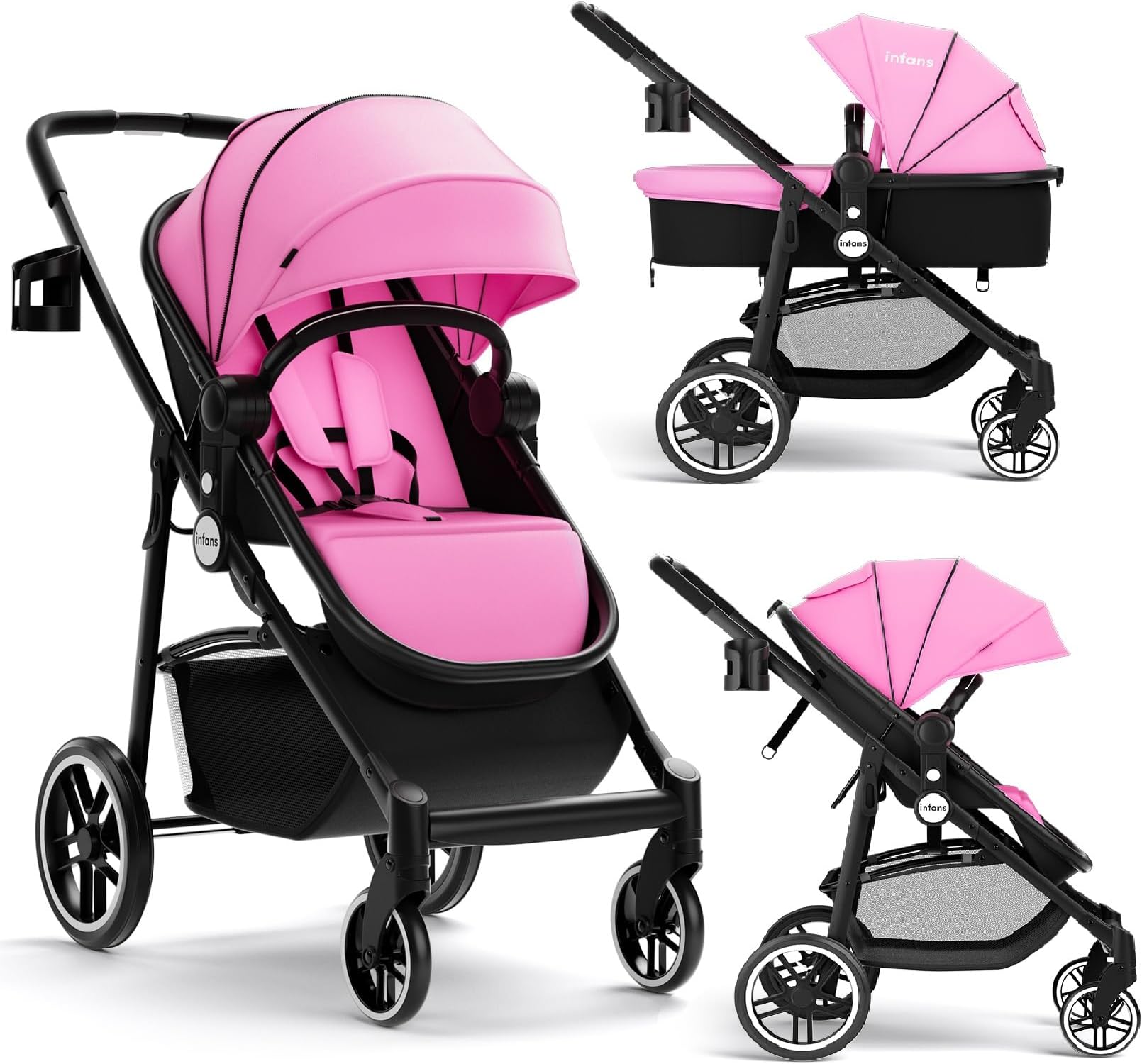 INFANS 2 in 1 Baby Stroller, High Landscape Infant Stroller & Reversible Bassinet Pram, Foldable Pushchair with Adjustable Canopy, Storage Basket, Cup Holder, Suspension Wheels (Pink)