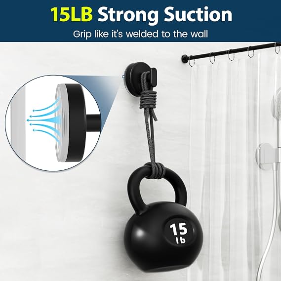 pickpiff Suction Cup Hooks for Shower: 15 LB Strong Wall Hanger for Bathroom, Front Door, Glass, Window, RV, Holder for Towel, Christmas Wreath, Coat, Loofah, Waterproof & Reusable, Matt Black 4 Pack