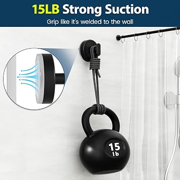 pickpiff Suction Cup Hooks for Shower: 15 LB Strong Wall Hanger for Bathroom, Front Door, Glass, Window, RV, Holder for Towel, Christmas Wreath, Coat, Loofah, Waterproof & Reusable, Matt Black 4 Pack