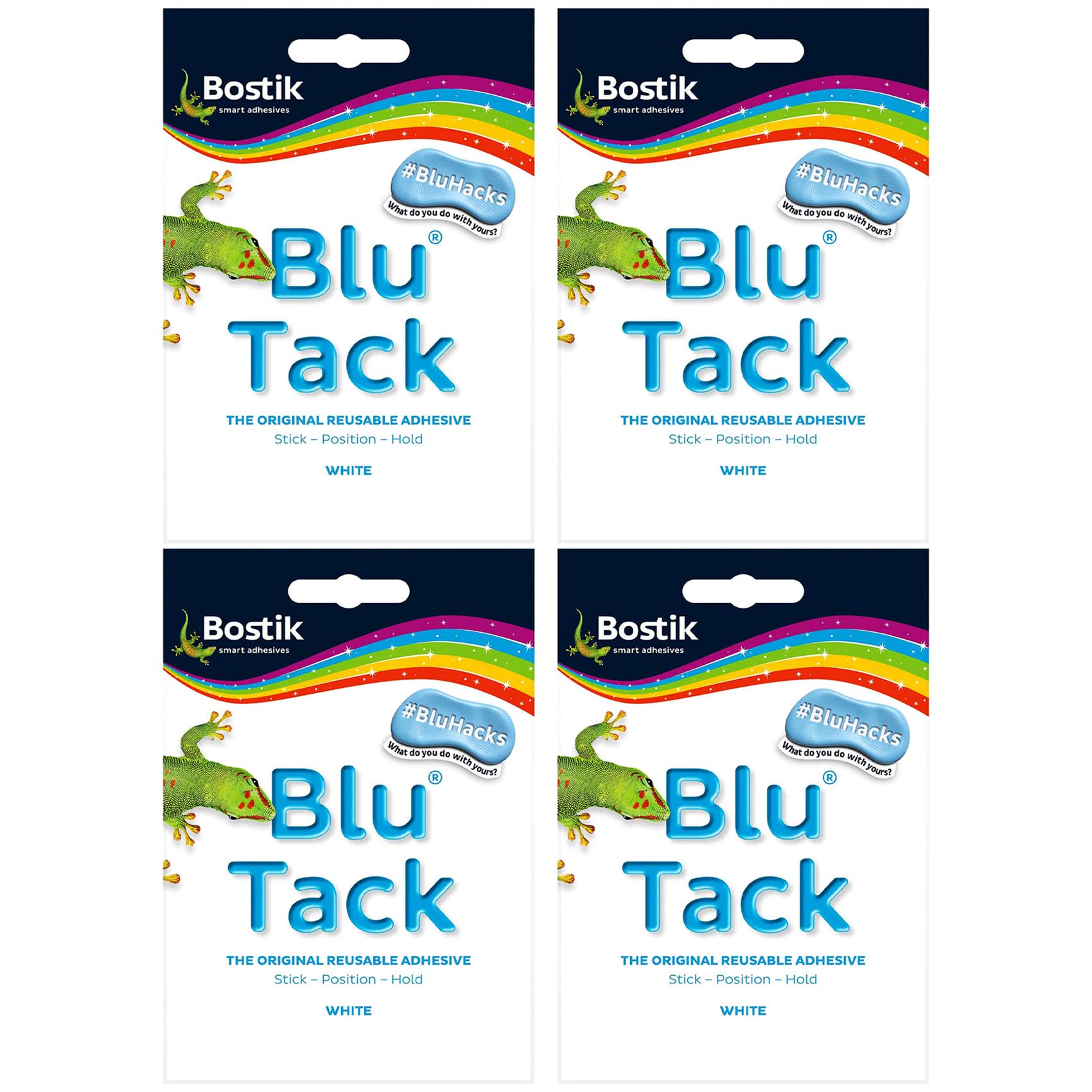 Bostik BLU TACK | WHITE | Original REUSABLE Sticky Adhesive HOME SCHOOL OFFICE Walls BLU HACKS NO MARKS Safe Craft ART Clean Handy (4 x PACKS WHITE - BLU TACK)