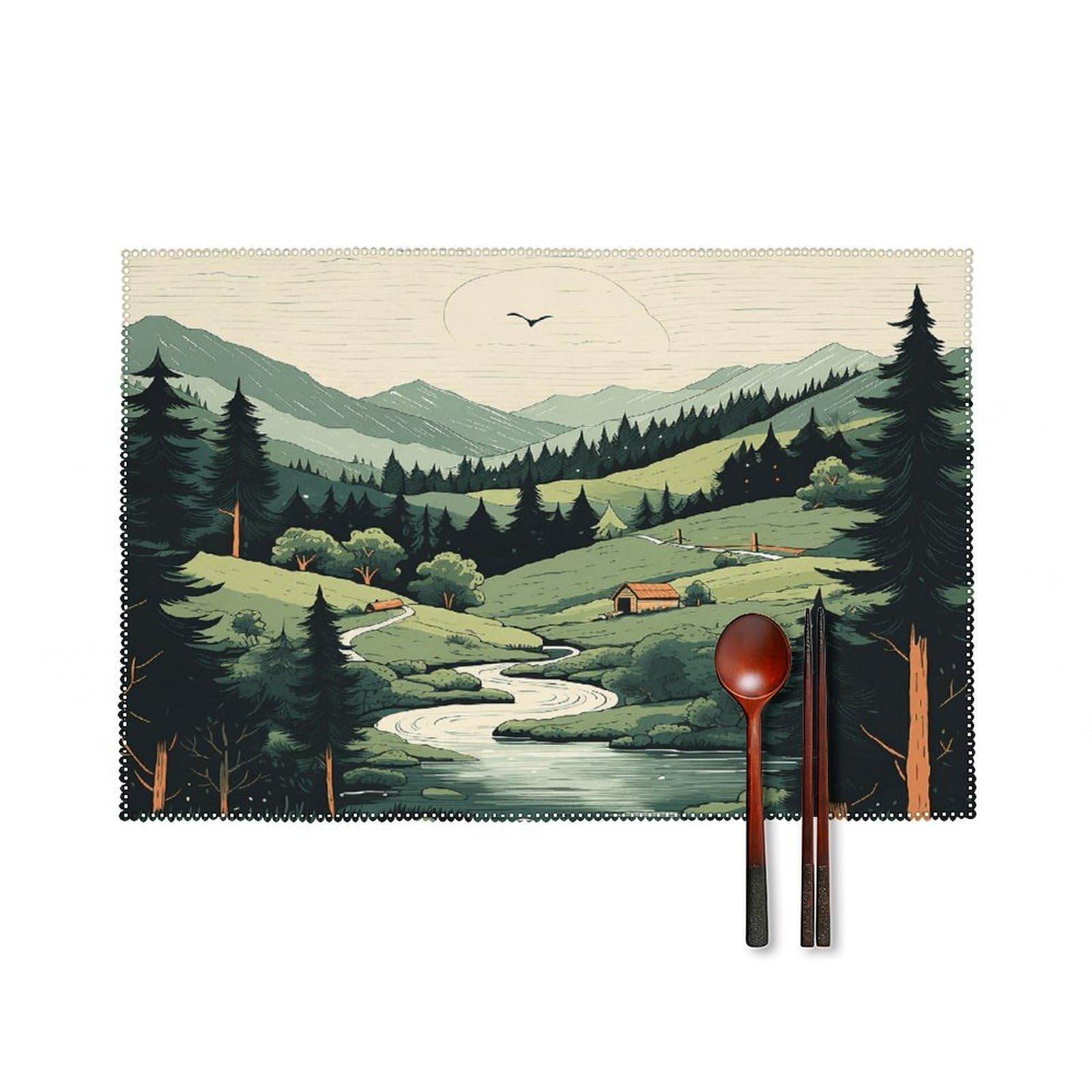 Outdoor Landscape Placemats Set of 6 Heat Resistant Non-Slip Place Mats Washable Wipeable Table Mats Elegant Farmhouse Placemat for Kitchen Dining Outdoor Party Table Decor