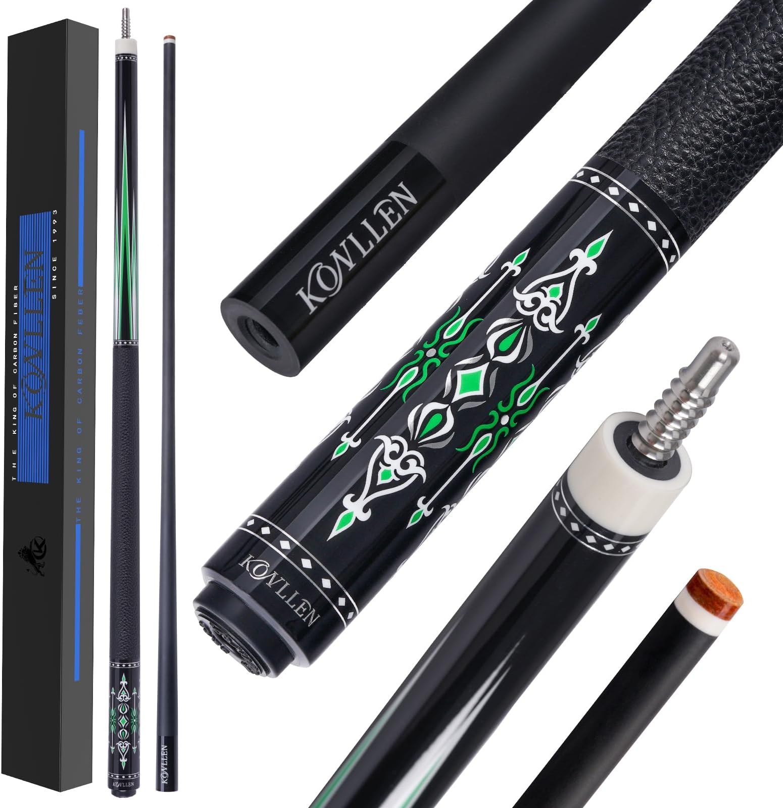 KONLLEN Carbon Fiber Pool Cue 2.0 – 58" Low Deflection Performance Cue for Improved Accuracy & Consistency, 12.5mm Tip, Pro Taper