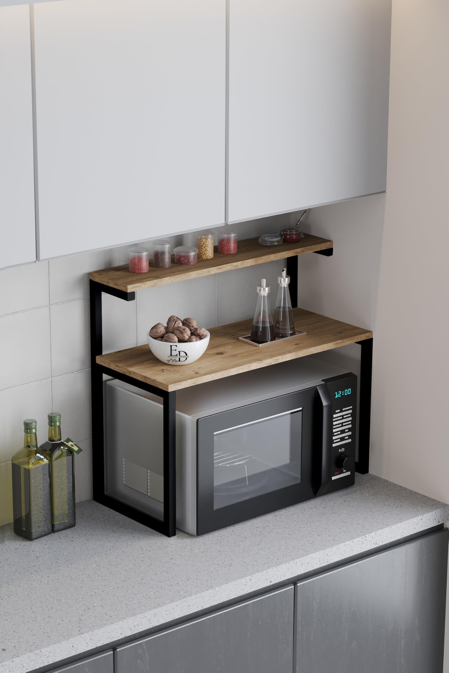 EMIDECO Étagère Micro-Ondes 2 Niveaux métal Noir Bois Clair – Support Rangement Cuisine Compact – Organisateur Plan de Travail – Meuble Gain de Place Moderne – Support Four Micro-Ondes