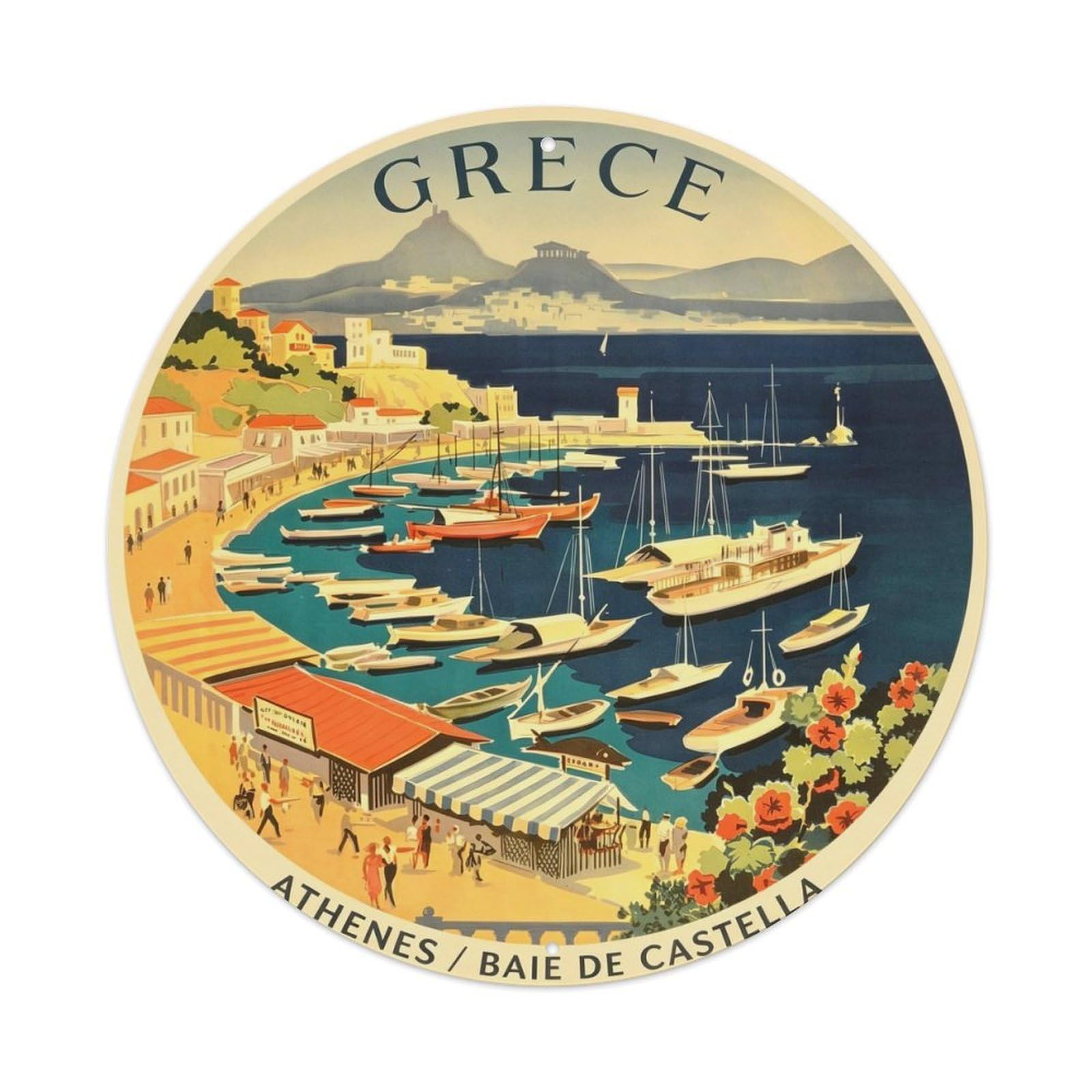 Travel Grece Metal Tin Sign Plaque Wall Decor for Cafe, Club, Garden Round Metal Poster 8x8Inch