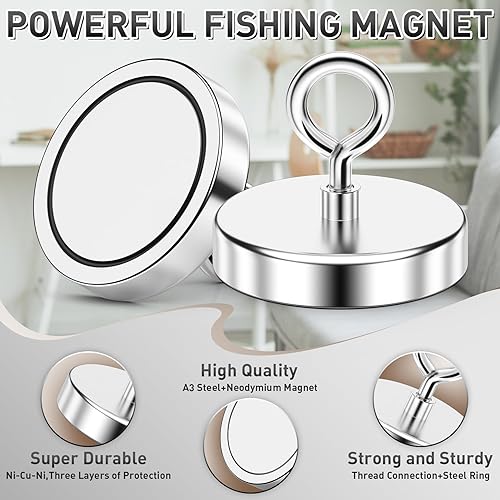 Miniatura 33 de FINDMAG Imán de pesca súper fuerte, fuerza de tracción de 1000 libras, imán de neodimio de tierras raras con ojal de agujero avellanado, imanes
