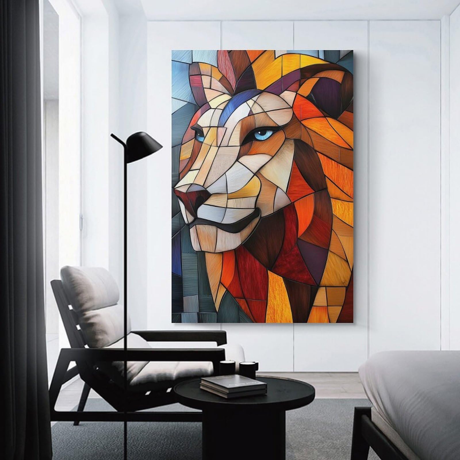 Junmoney Unframe-Style-22-1 Stained Glass Lion Canvas Wall Picture, 08X12inch(20X30cm), For Study, Office Or Focused Interiors, Home Office Artwork With Decorative Appeal