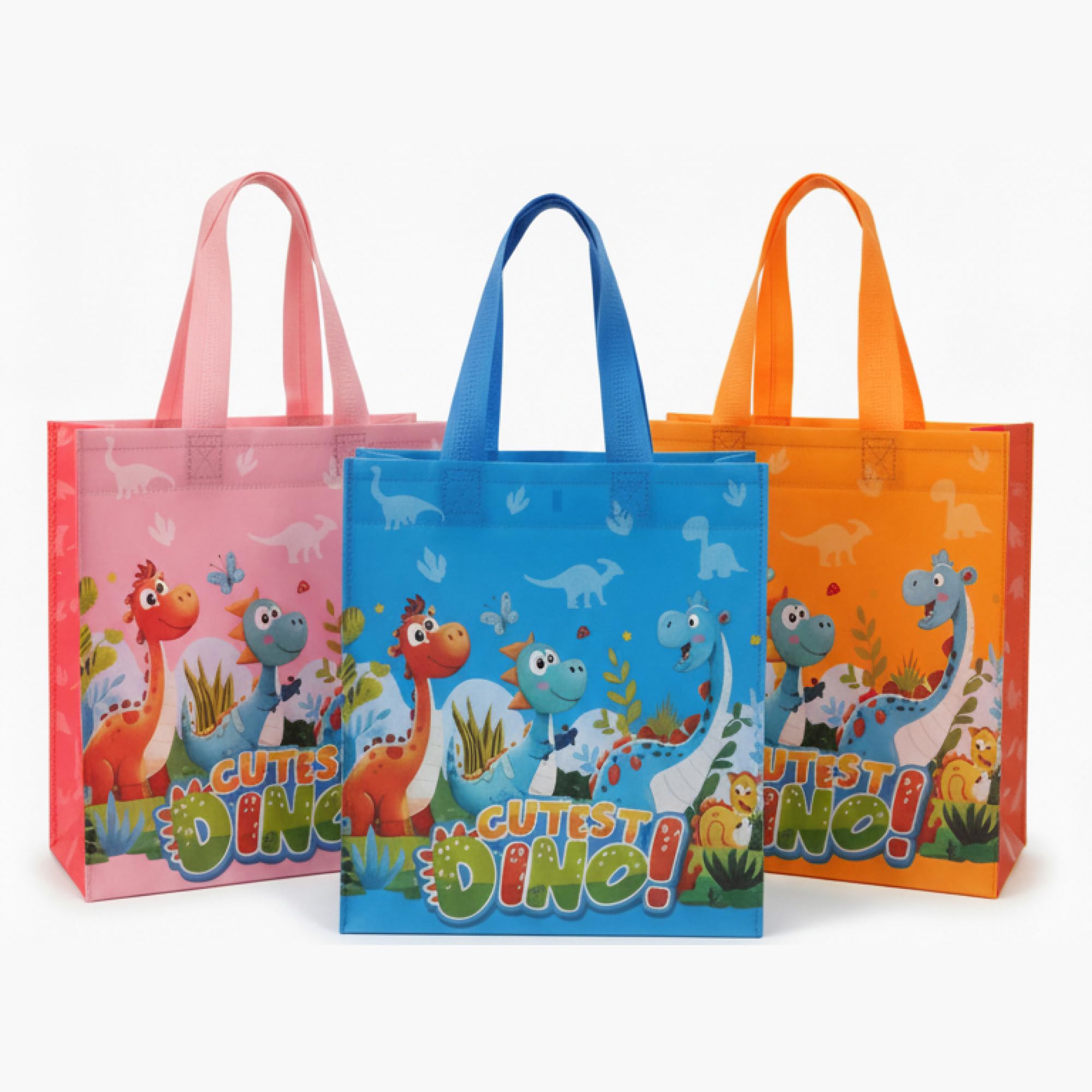 Evafly gift bags small size Pack of 12 – H25 x L23 x D10 cm | Reusable Non-Woven, Party Favours | Cartoon Dino Print for return gift bags for kids birthday, Mixed colors – Blue/Pink/Orange