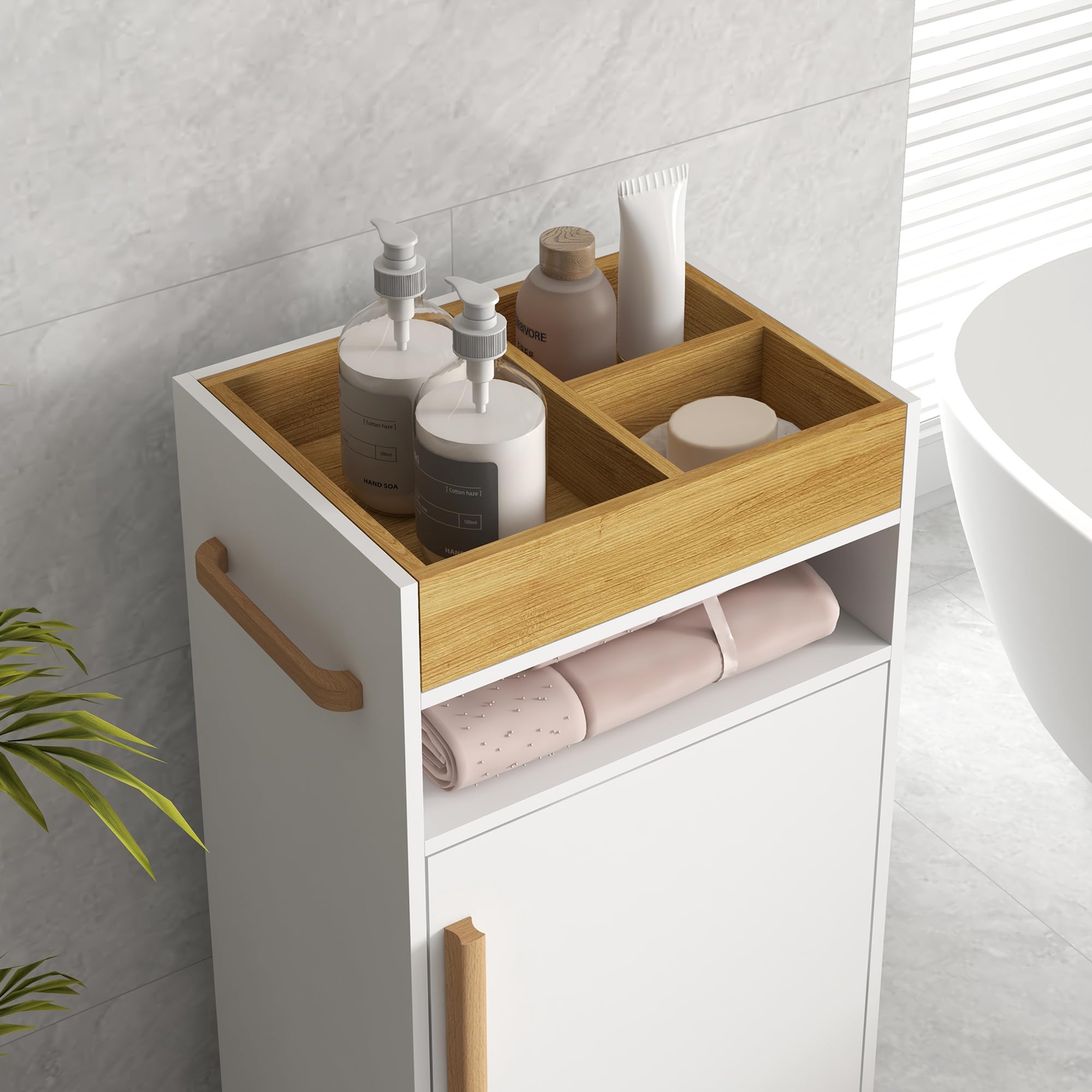 kleankin Armario de Baño Moderno con Ruedas 40x30x88 cm Blanco y Roble | Mueble Auxiliar de Baño, Mueble de Suelo, Estantes Ajustables, Bandeja Extraíble