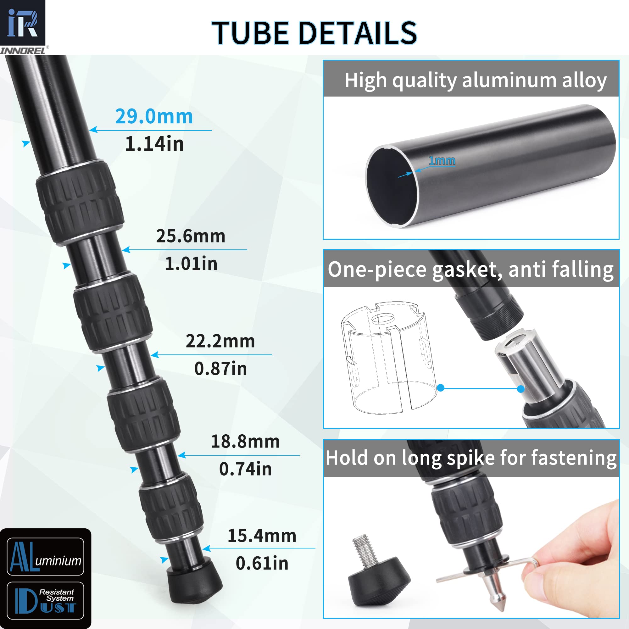 INNOREL RM285A aparat monopod profesjonalny przenośny 5-częściowy kompaktowy podróżny monopod ze stopu aluminium do aparatu Canon Nikon Sony DSLR kamera wideo DV uchwyt fotograficzny obciążenie 22 funtów / 10 kg