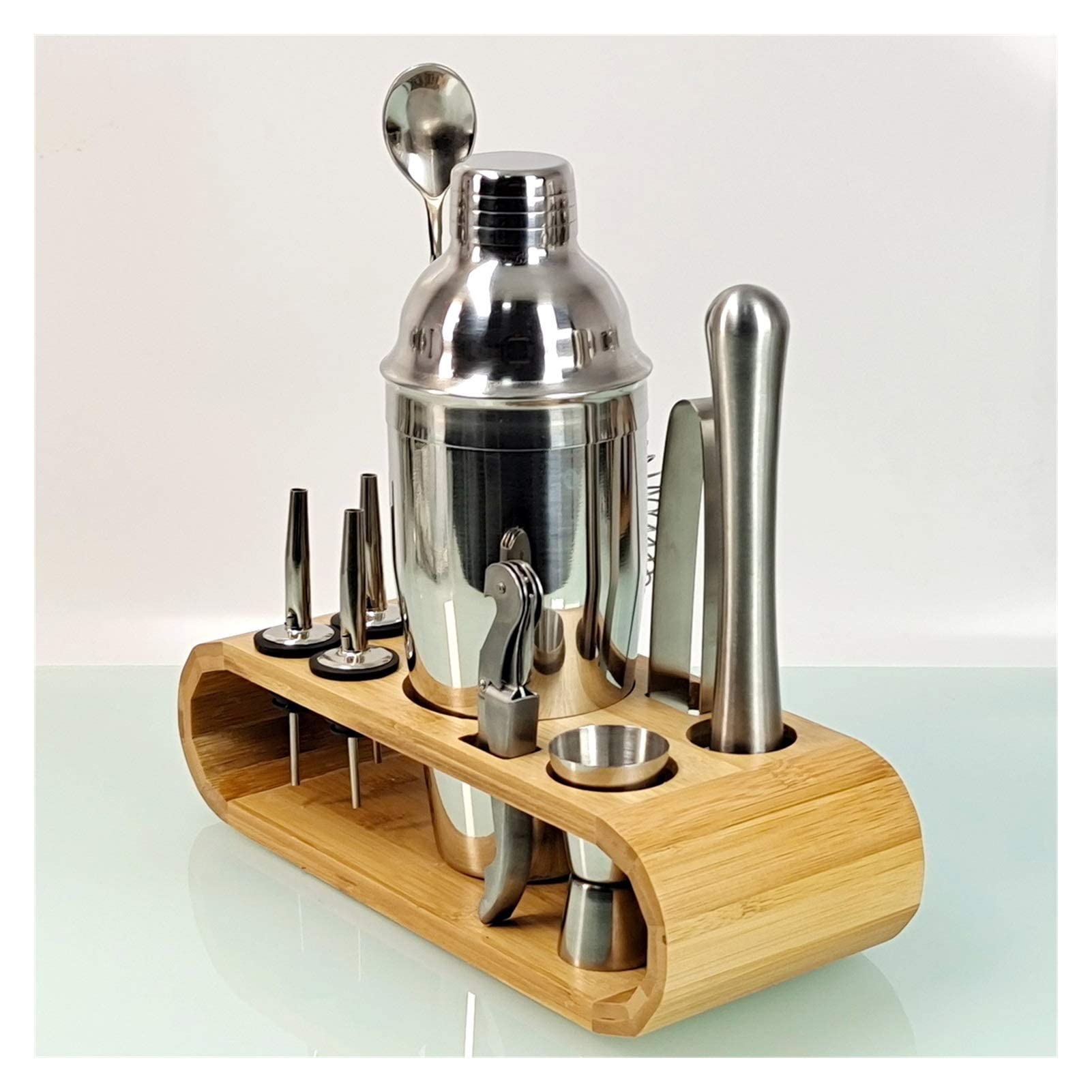 Cocktail Shaker Cocktail Shaker Set 12 pièces Cocktail Shaker Set Acier Inoxydable Barman Kit Mélangeur Boisson Bar Outil Accessoires Ovale Bambou Stand (Couleur : 550Ml) (350ml)