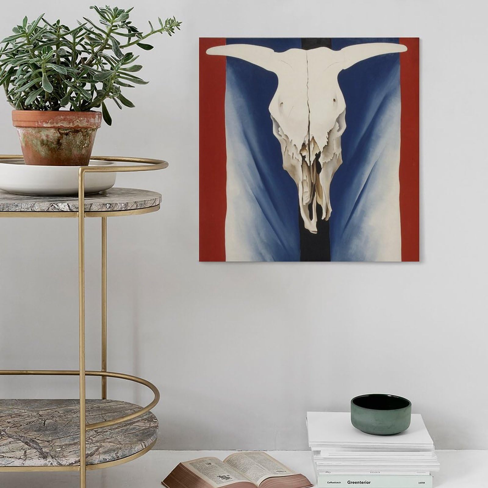 牛の頭蓋骨　壁掛け　置物　本物　ジョージア・オキーフ Amazon.co.jp: ジョージア・オキーフ 赤、白、青の3色の牛の頭蓋骨