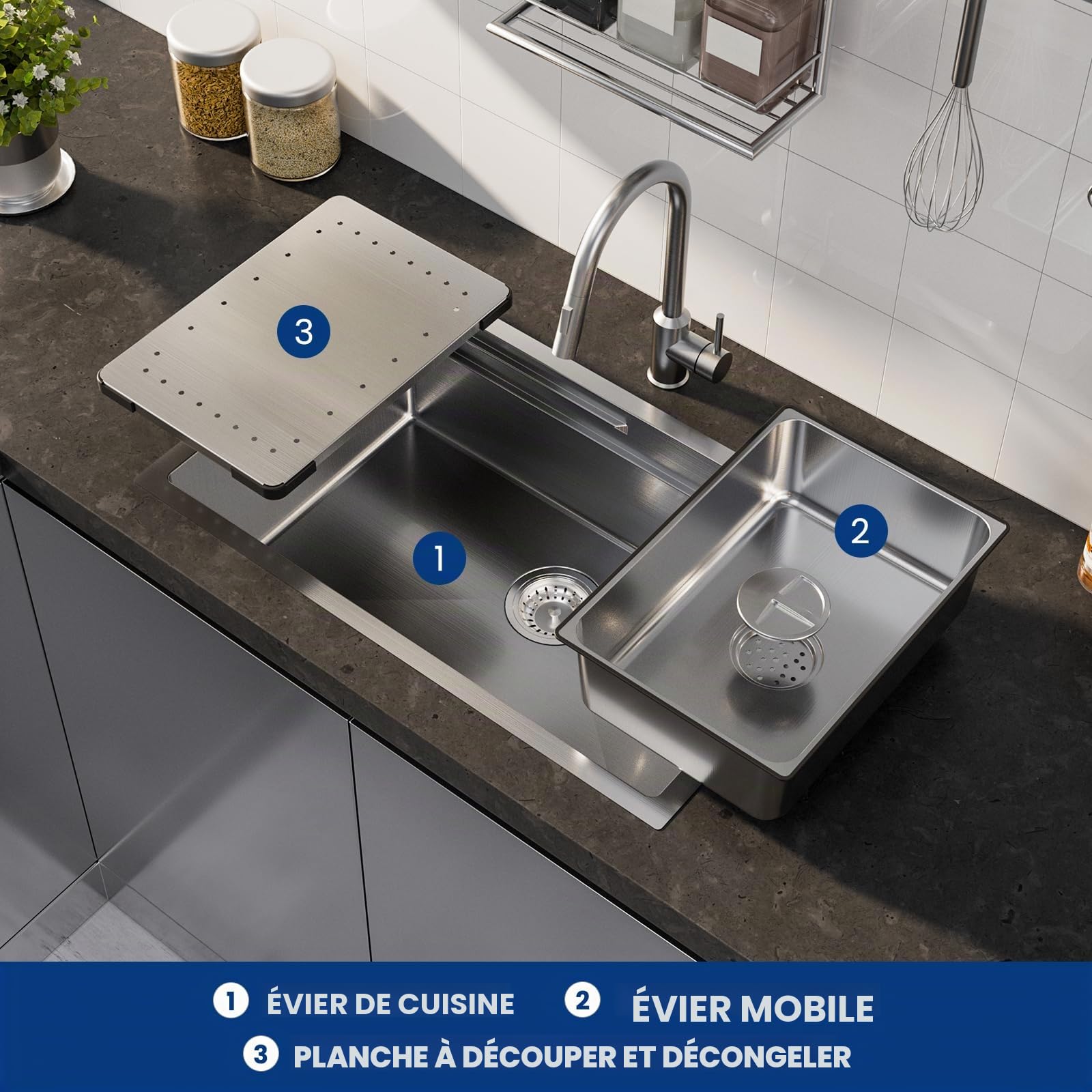 CECIPA Évier de cuisine en acier inoxydable 70 x 44 cm avec planche à découper, évier intérieur de rechange, siphon avec garniture de trop-plein, lavabo de cuisine, encastrable sans trou de robinet