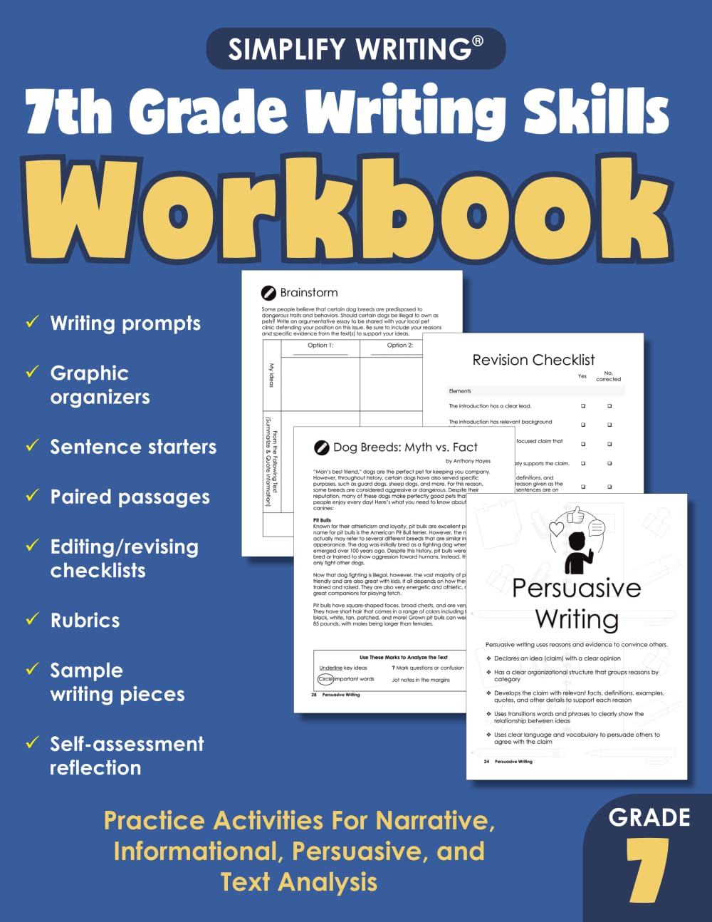 7th Grade Writing Skills Workbook: Practice Activities For Narrative, Informational, Argumentative, and Text Analysis (Writing Skills Workbooks For Home Educators and Classroom Teachers)
