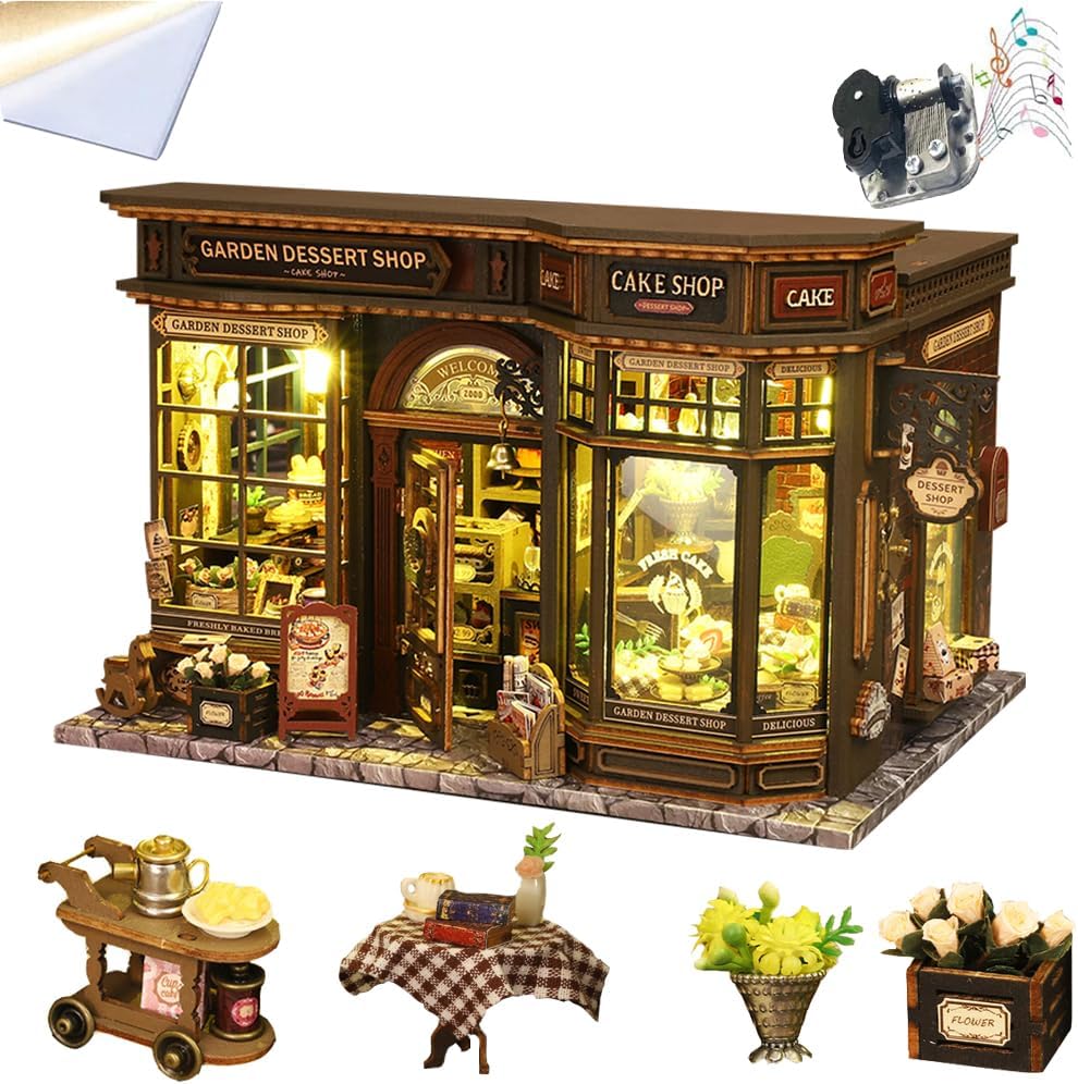 DIY Dollhouse Miniature Kit, Doll House Kit with Dust Proof Cover, Mini Handmade Wooden Dollhouse Toys for Adult Gift (Dessert Garden Shop-ZY)