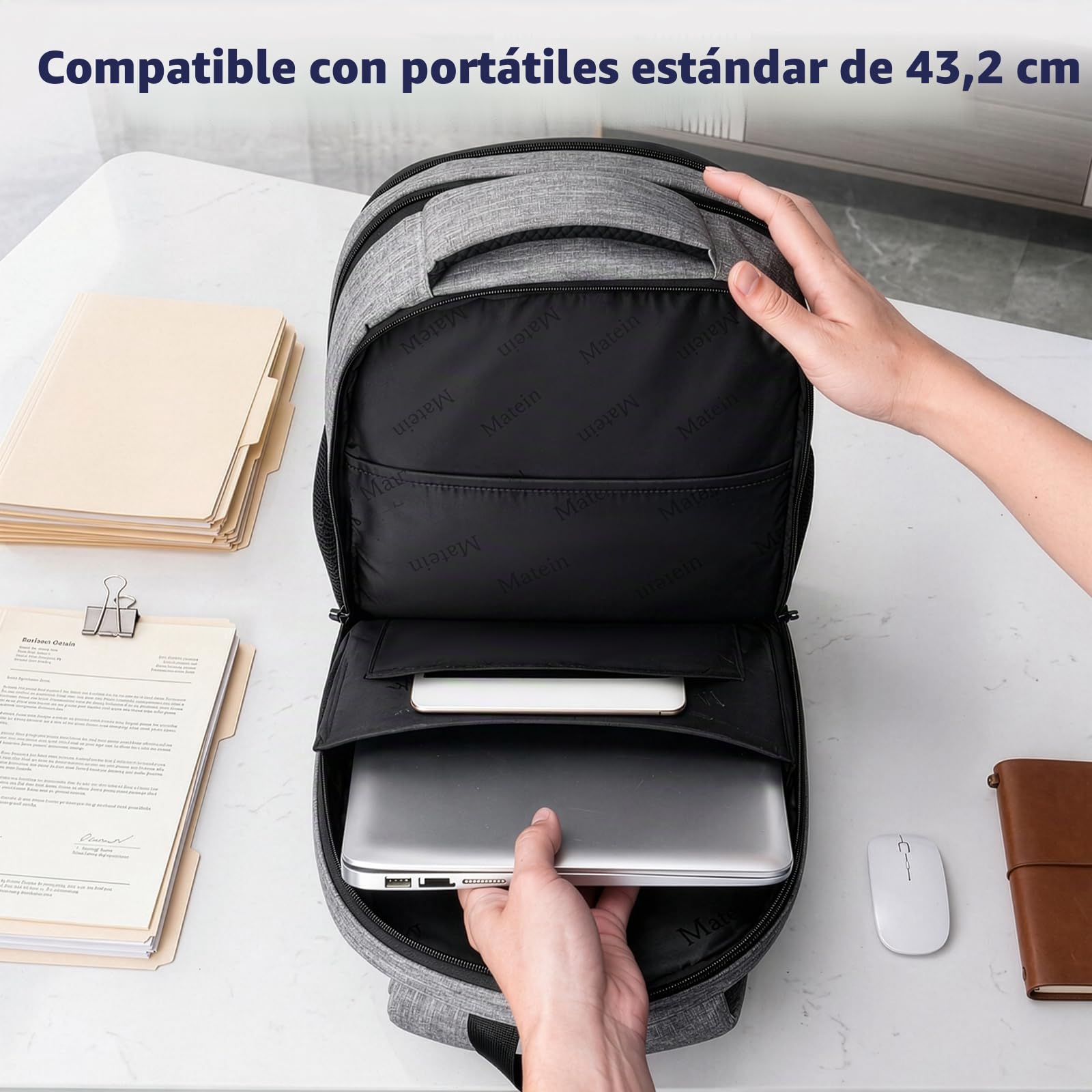 MATEIN Mochila Portátil 17 Pulgadas, Grande Hombre Mochila Impermeable Trabajo Viaje Mochilas para Portatil, Escolares Colegio Antirrobo TSA Backpack para Adolescente Mujer, Gris