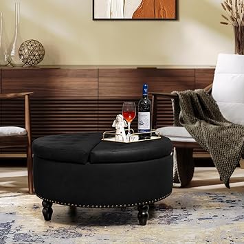 Vabches 30 Inch Round Storage Ottoman,Modern Button Tufted Coffee Table with Lift Top, Large Round Leather Ottoman Upholstered Footrest Stool Toy Blanket Storage for Living Room, Black