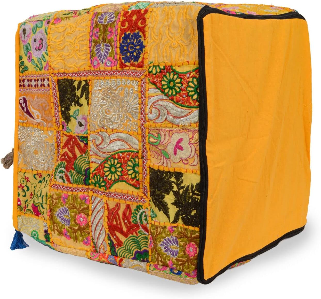Indian 22" Cotton Ottoman Vintage Embroidered Patchwork Square Pouf