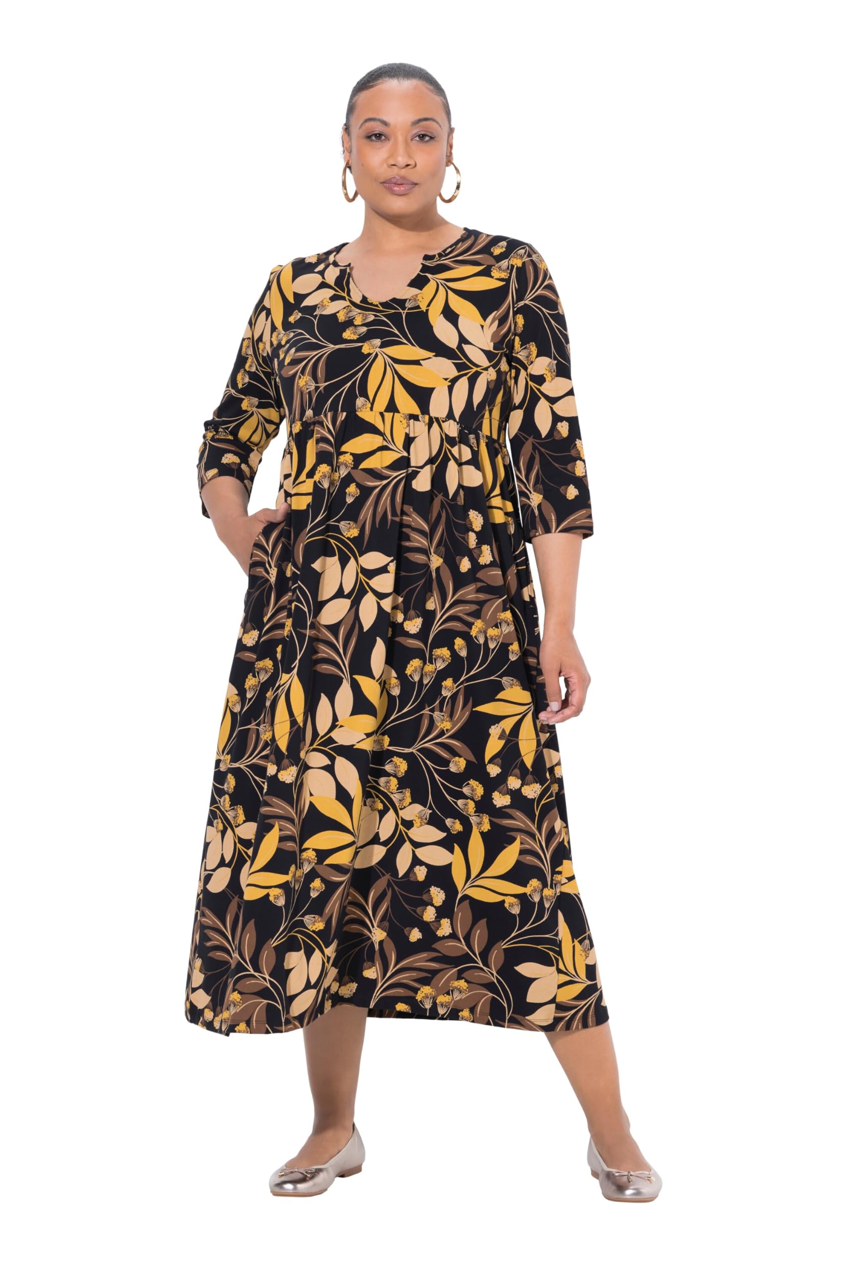 Ulla Popken Damen große Größen Übergrößen Plus Size Jersey-Maxikleid, A-Linie, Tunika-Ausschnitt, 3/4-Arm 842746