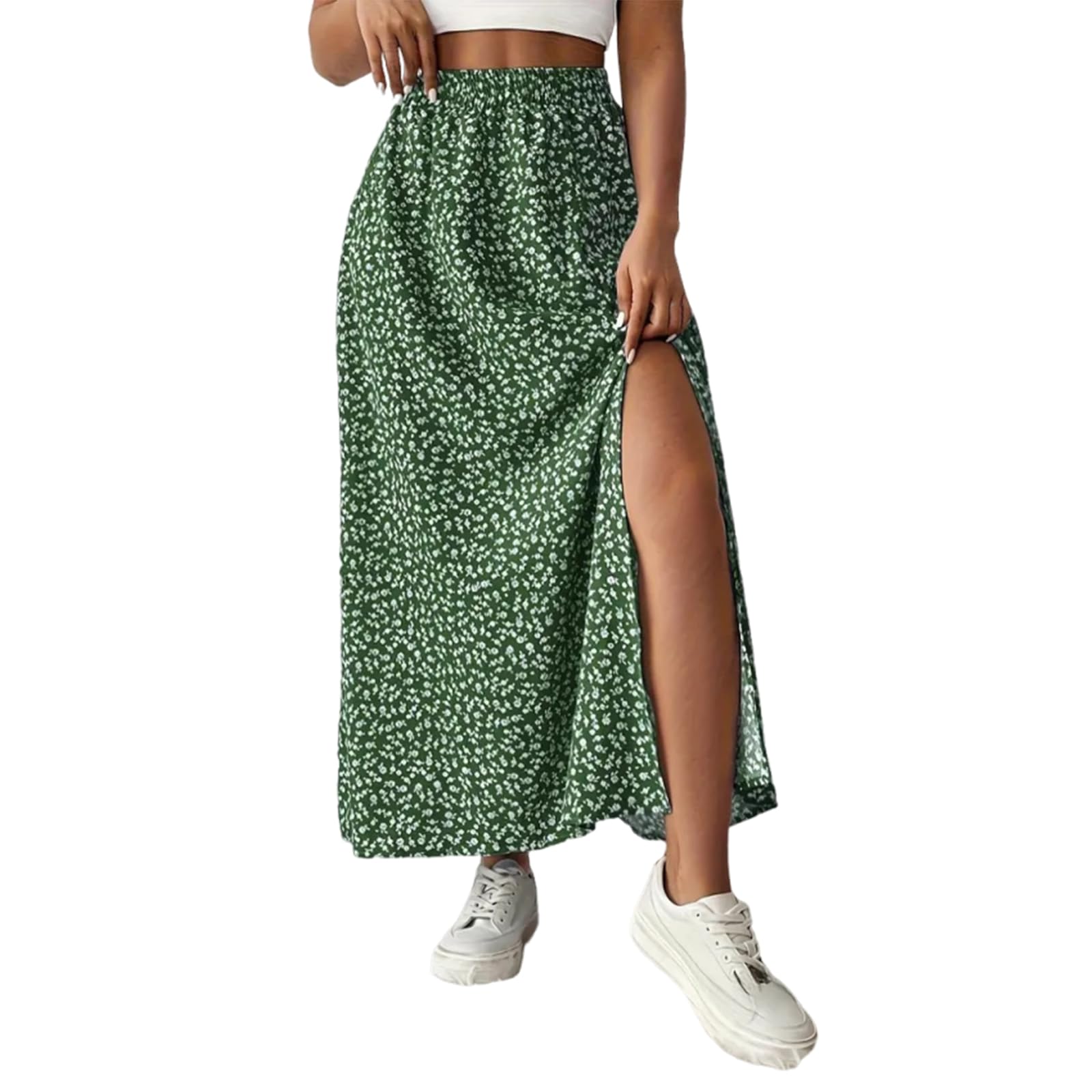 Floral Skirts for Women 2026 Summer Trendy Flowy Ruched A Line Slit Long Skirt Casual High Waist Boho