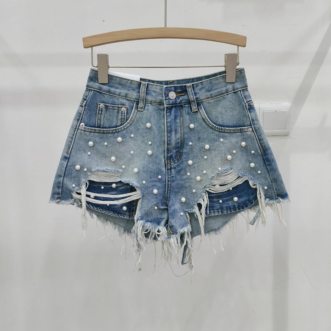 Summer Heavy Beaded High-Waist Denim Shorts Women's Ripped Frayed A-Line Wide Leg Hot Shorts