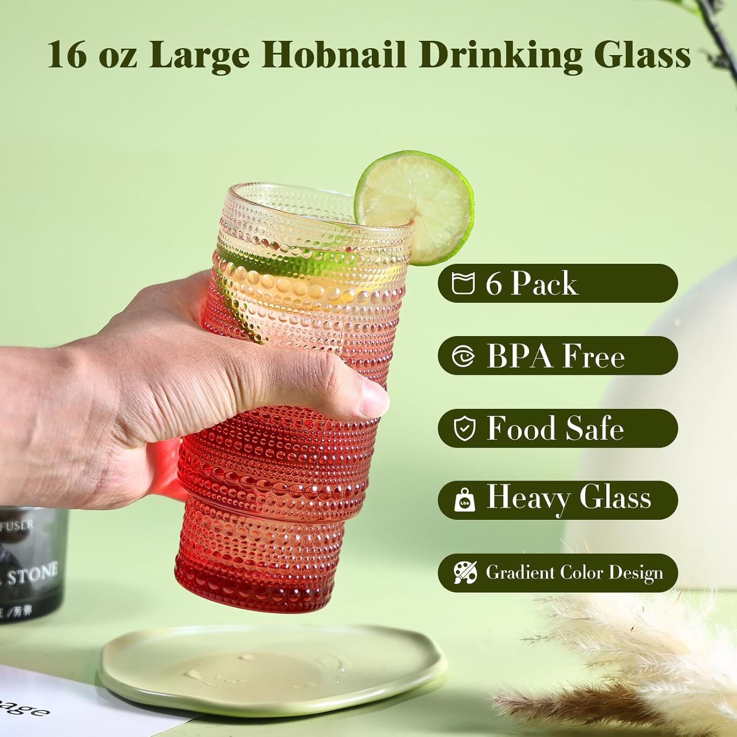 6pcs Hobnail Drinking Glasses Set, 16 oz Vintage Glassware Drinking Glasses, Gradual Red Water Glasses Tumbler, Christmas Gifts for Women - Image 2