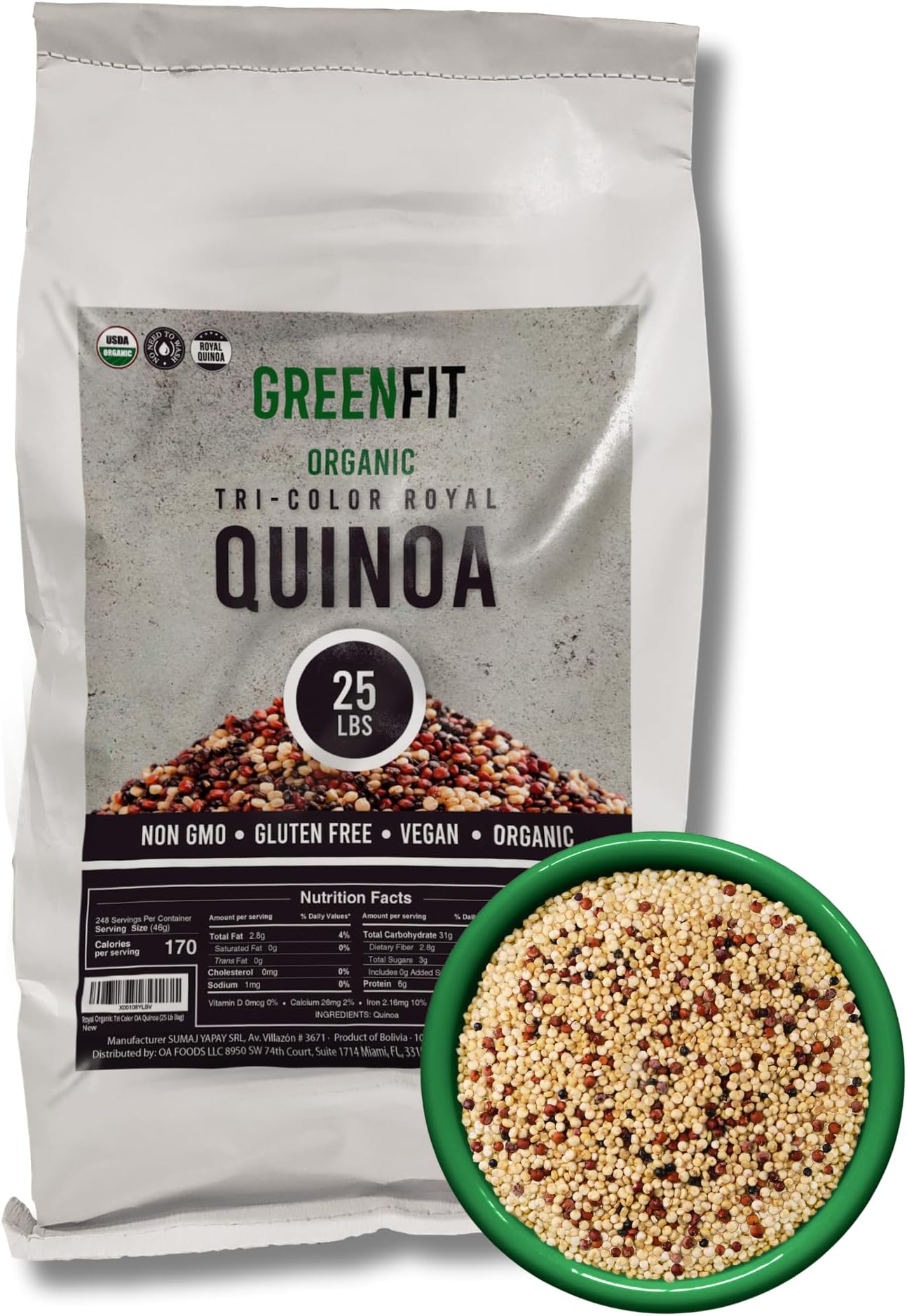 Greenfit Royal Organic Tri Color Quinoa | Non-GMO, Gluten-Free, Vegan, and Organic | Complete Protein, High Fiber, Low-Calorie Tri-Color Quinoa | (25 Pound - Pack of 1)