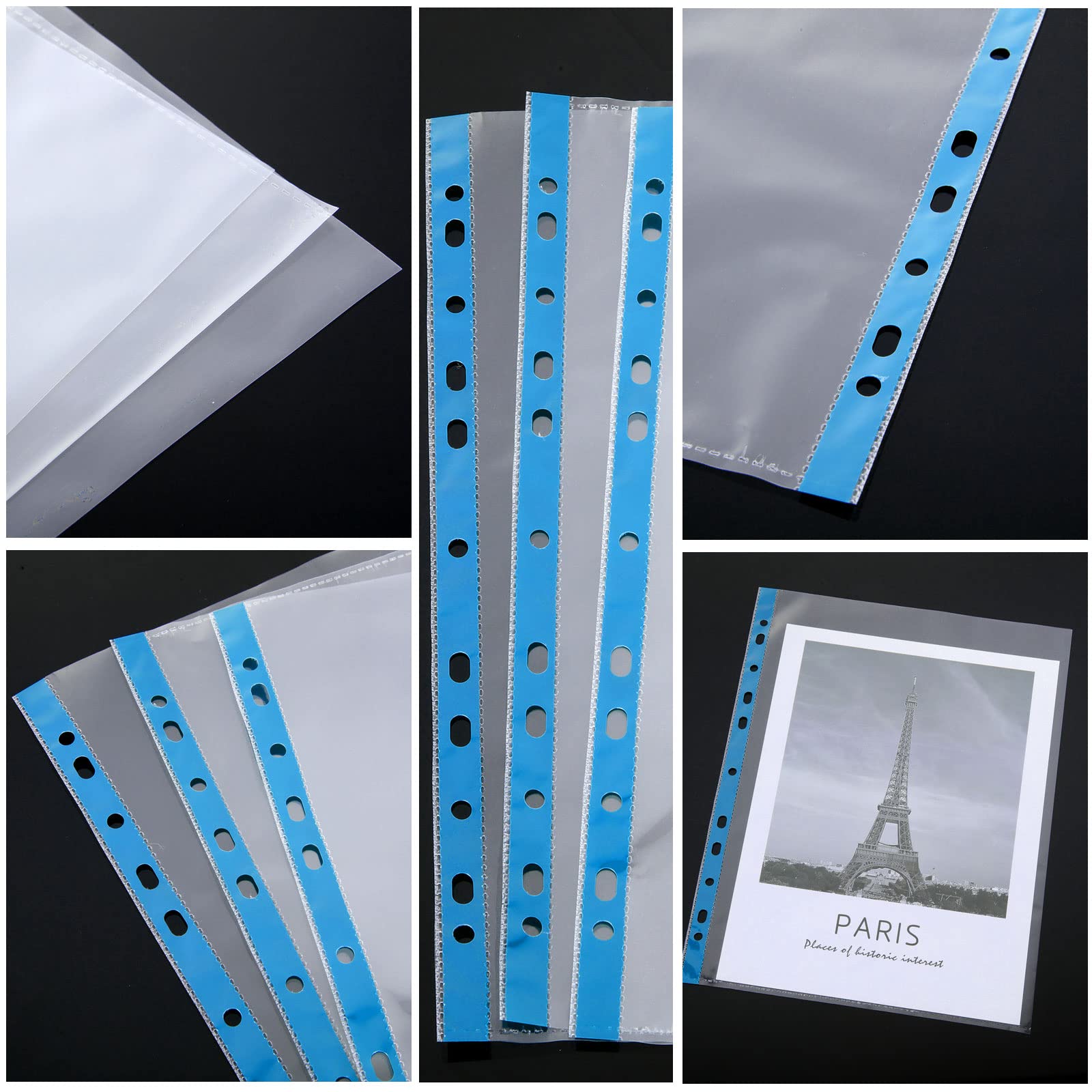 200 Pcs Punched Pockets A4 Clear 60 Micron Strong Plastic Wallet Sleeves, Top Opening Poly Pockets for Ring Binder Folders Blue Edge - Image 3
