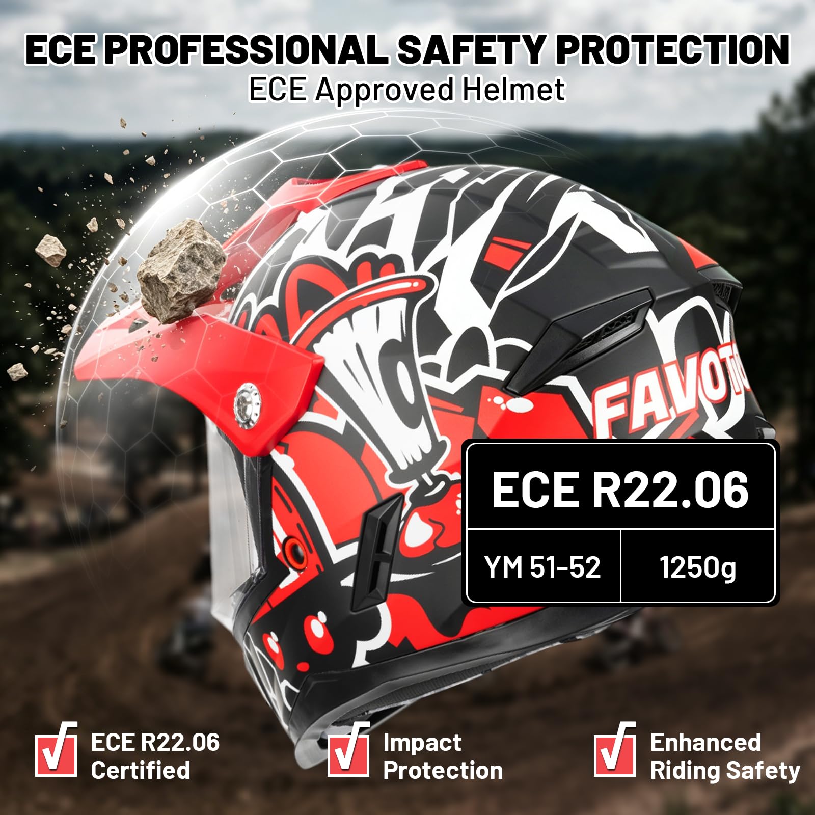Favoto Casco Cross per Bambini con Occhiali di Protezione – Resistente agli Urti, Certificato ECE 22.06, Casco da Motocross e Dirt Bike, Rosso-Nero S (49–50 cm)