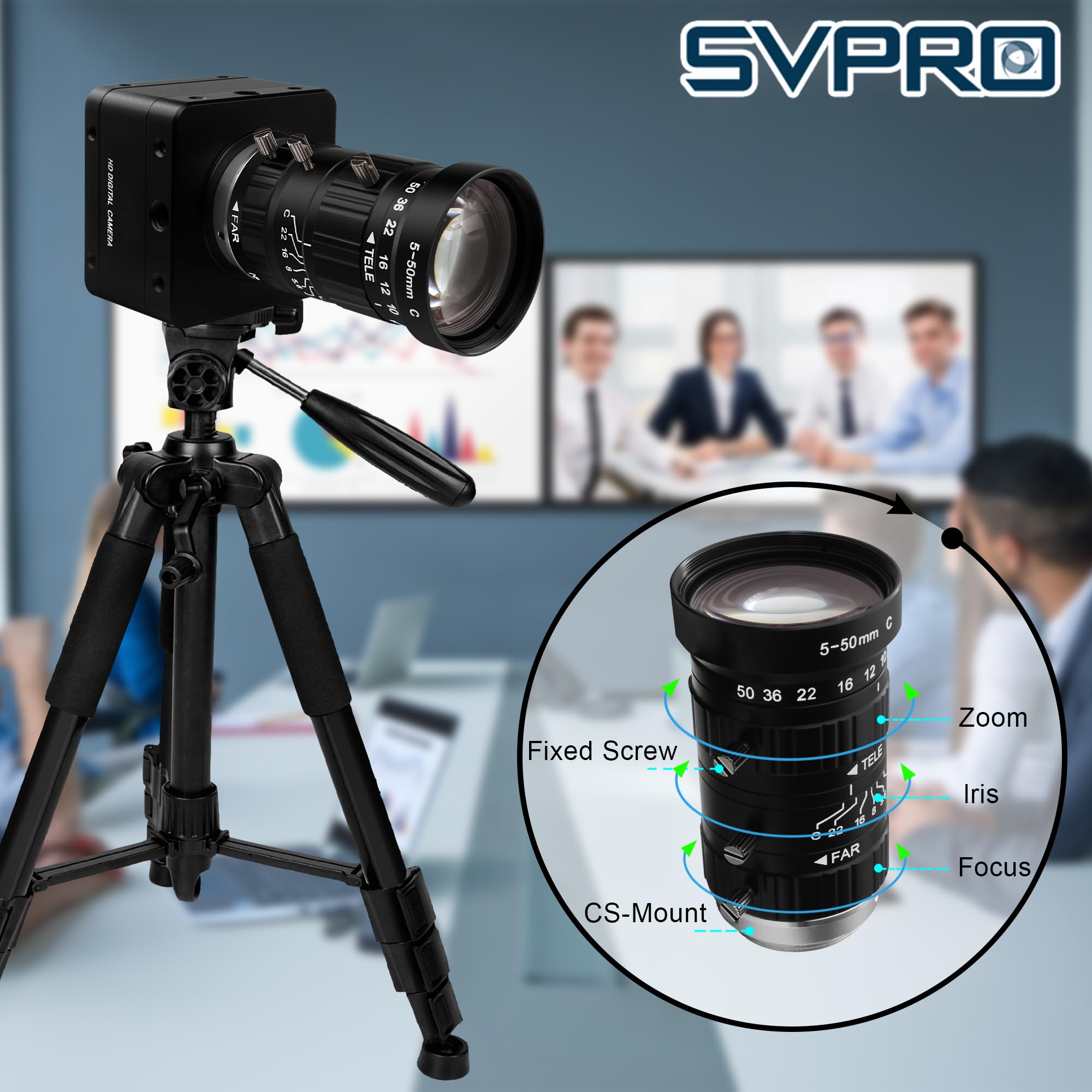 Svpro Fotocamera USB 3.0 da 20 MP, webcam ultra HD 5K con messa a fuoco manuale e obiettivo CS Mount da 5-50 mm, zoom ottico 10x, AR2020, fotocamera UVC ad alta risoluzione per computer e laptop