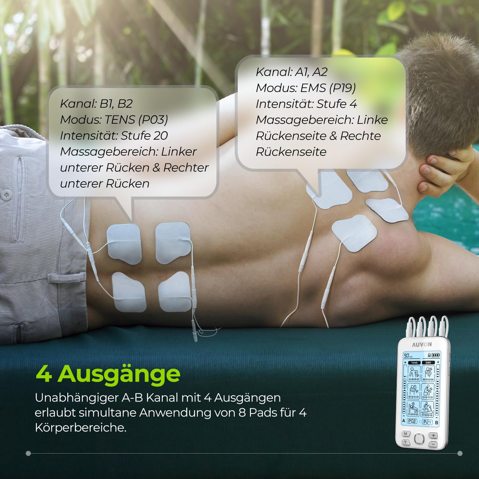 AUVON 4 Kanäle TENS EMS Gerät für Schmerzlinderung, 10er 2"x 2" TENS Pads | 24 Modi Reizstromgerät, medikamentenfrei Schmerzlinderung für Schulter, Rücken und Muskel, Premium-Elektroden patentiert