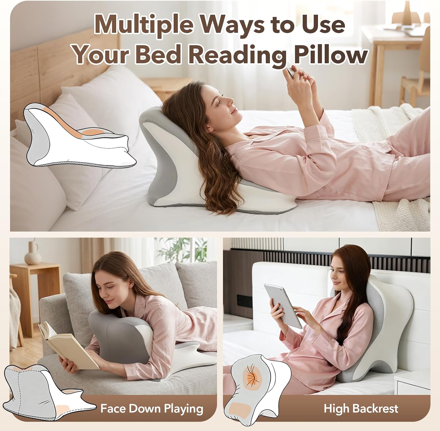 Reading Pillow for Bed, Ergonomic Memory Foam Prone & Reclined Support Pillow for Stomach Laying, Reading, Scrolling & Lounging, Multi-Position Bed Rest Pillow with Washable Cover