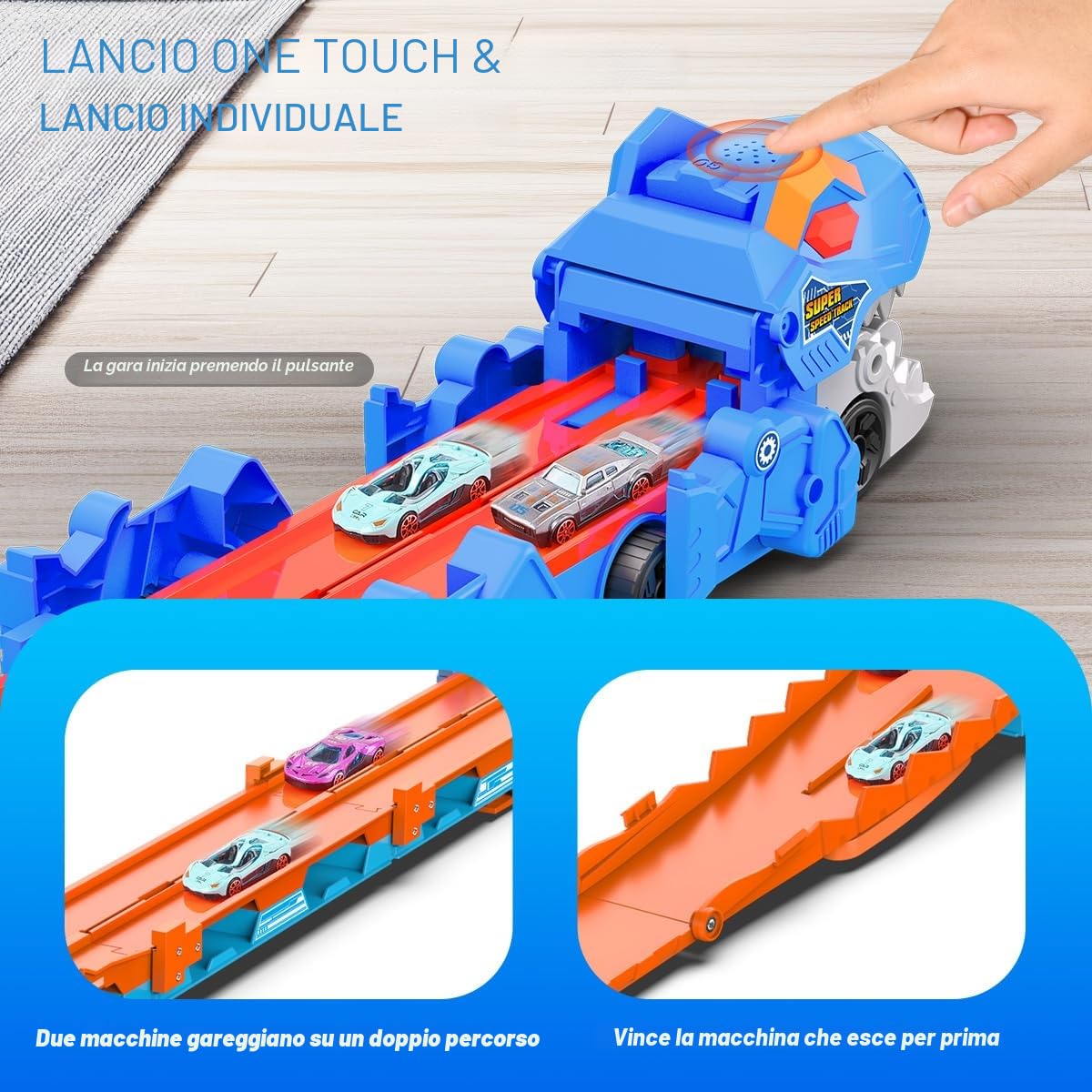 TERRAMUS Camion Trasporto Dinosauro - Set di Giocattoli Auto 3 in 1 con Eiezione, Pista Pieghevole Portatile per Bambini con 8 Auto da Corsa, Set di Giocattoli Auto Portatili per Bambini Ragazzi 3-5