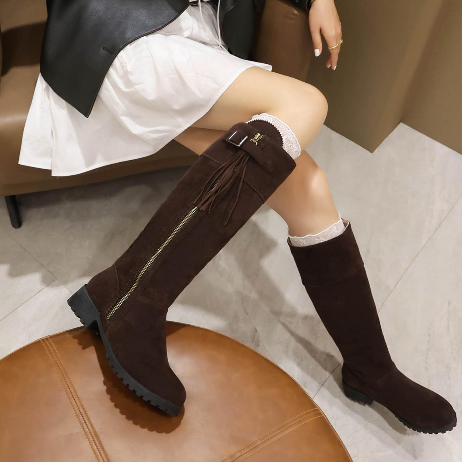 rismart Stivali Al Ginocchio Donna Punta Rotonda Tacco Grosso Zip laterale Stivali Lunghi Scarpe Autunno Inverno