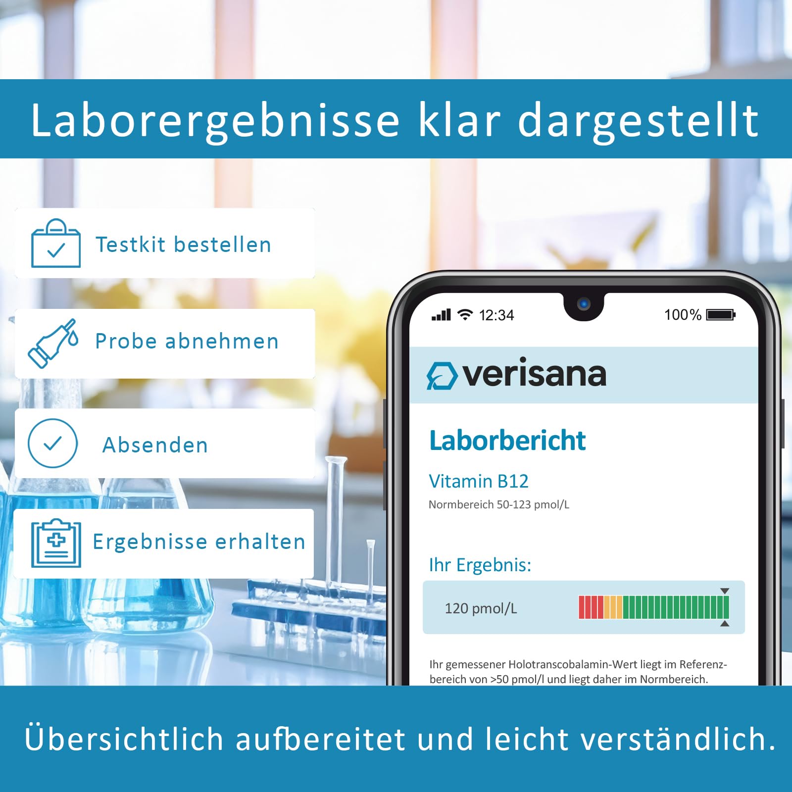 Vitamin B12 Test – Bestimmen Sie Ihren Holotranscobalamin Wert (Vitamin B12) – Einfach & bequem für zu Hause – Verisana Labor