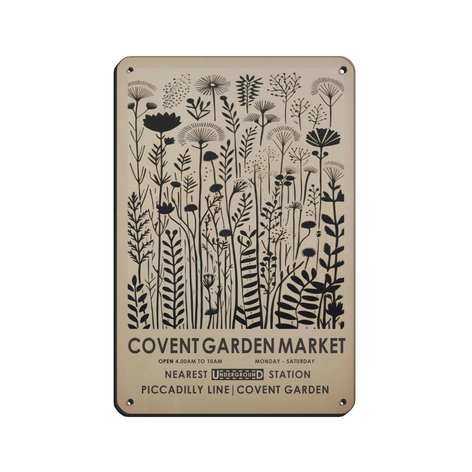 Covent Garden Flower Market, Monochrome Floral Retro Poster Metal Tin Sign Chic Art Retro Iron Painting Bar People Cave Cafe Family Garage Poster Wall Decoration 8x12inch(20x30cm)
