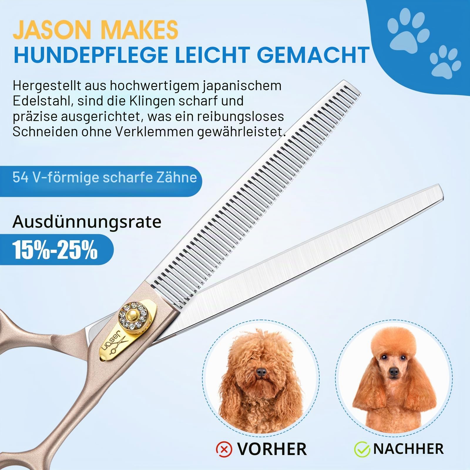 JASON Profi Fellschere für Hunde - 54 Zähne Effilierschere aus japanischem 440C-Edelstahl 7,5 Zoll Hundeschere mit ergonomishcen Griff, Roségold