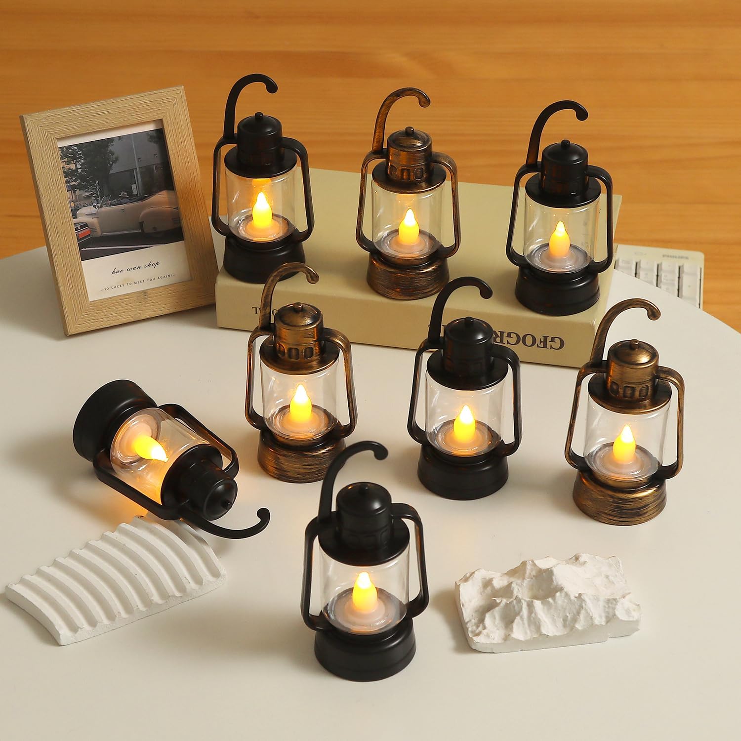 12 Pcs 4Inch LED Mini Lanterns Decor ,Western Themed Centerpieces for Tables,Cowboy Lantern Favors, Small Vintage Camping Decor Hanging Lamp for Christmas Wedding, Party Decorations (Gold, mini)