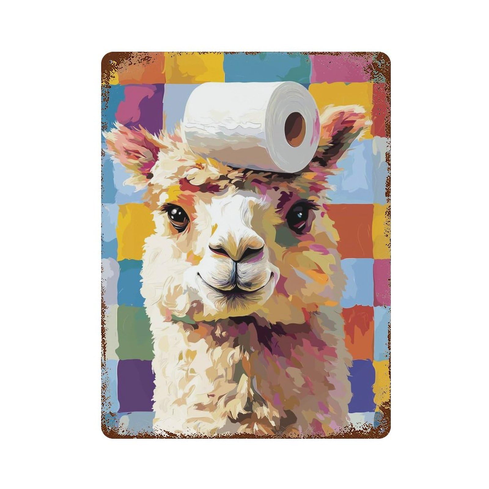 Llama with Toilet Paper Hat 15.7"x11.8" Vintage Rust Metal Sign, Shabby Chic Decor for Garage, Bar And Workshop Decor