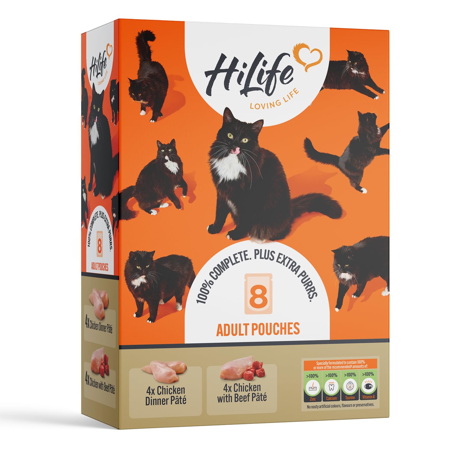 HiLife Adult Wet Cat Food, Mixed Chicken Pate Recipes, Complete Cat Food Pouches, 100% Natural and Grain Free, Chicken Dinner / with Beef (8 x 70g Pouches)