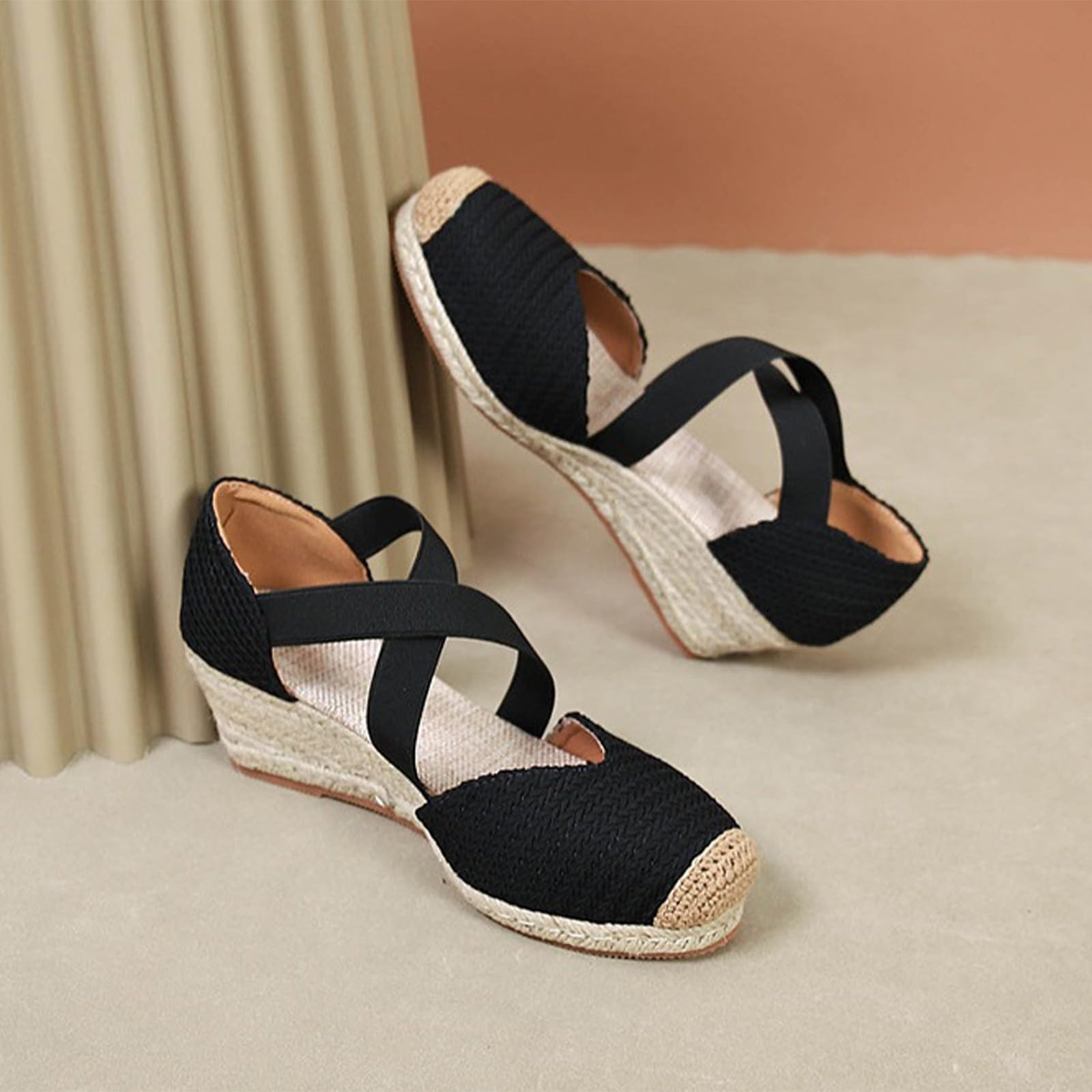 Genérico Sandalias Negras Comodas Zapatos Ortopedicos Mujer Sandalias de Esparto para Mujer,con Puntera Cerrada Y,Estilo Casual Sandalia Tacon Zapatillas Ortopedicas Verano