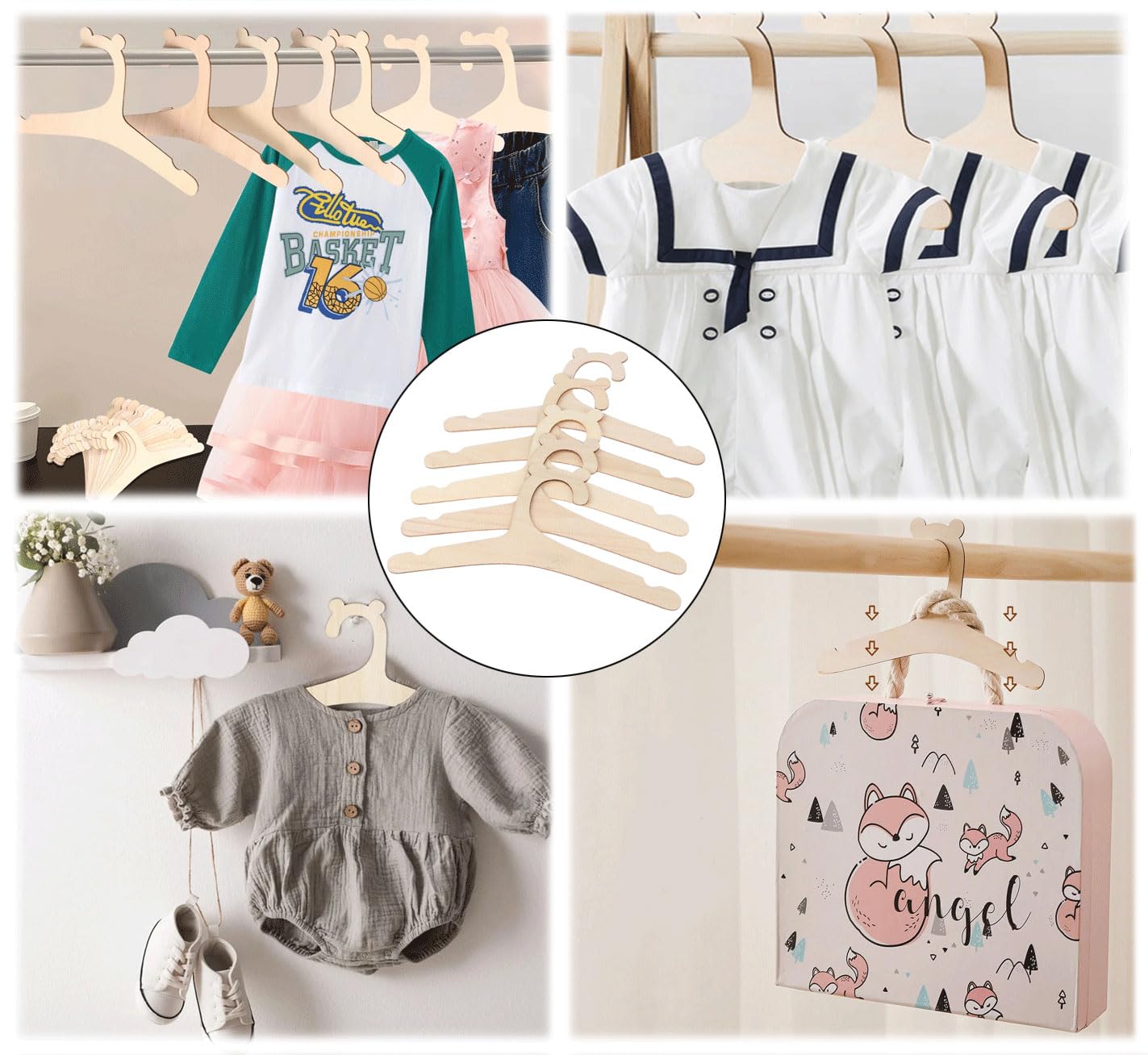 10 Pezzi Grucce in Legno per Bambini - Appendiabiti Antiscivolo Unisex per Vestiti da Bambino