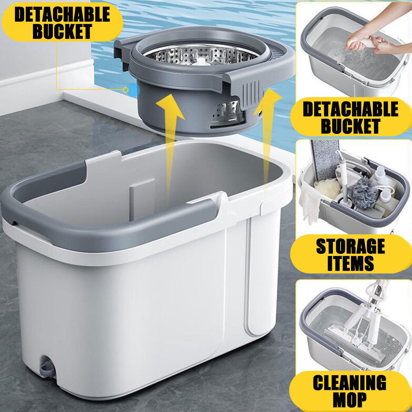 Juego de fregona y Cubo con escurridor, Fregona giratoria de 360° y Cubo Interior Desmontable, 6 Almohadillas de Microfibra para Herramientas de Limpieza del hogar,Azul